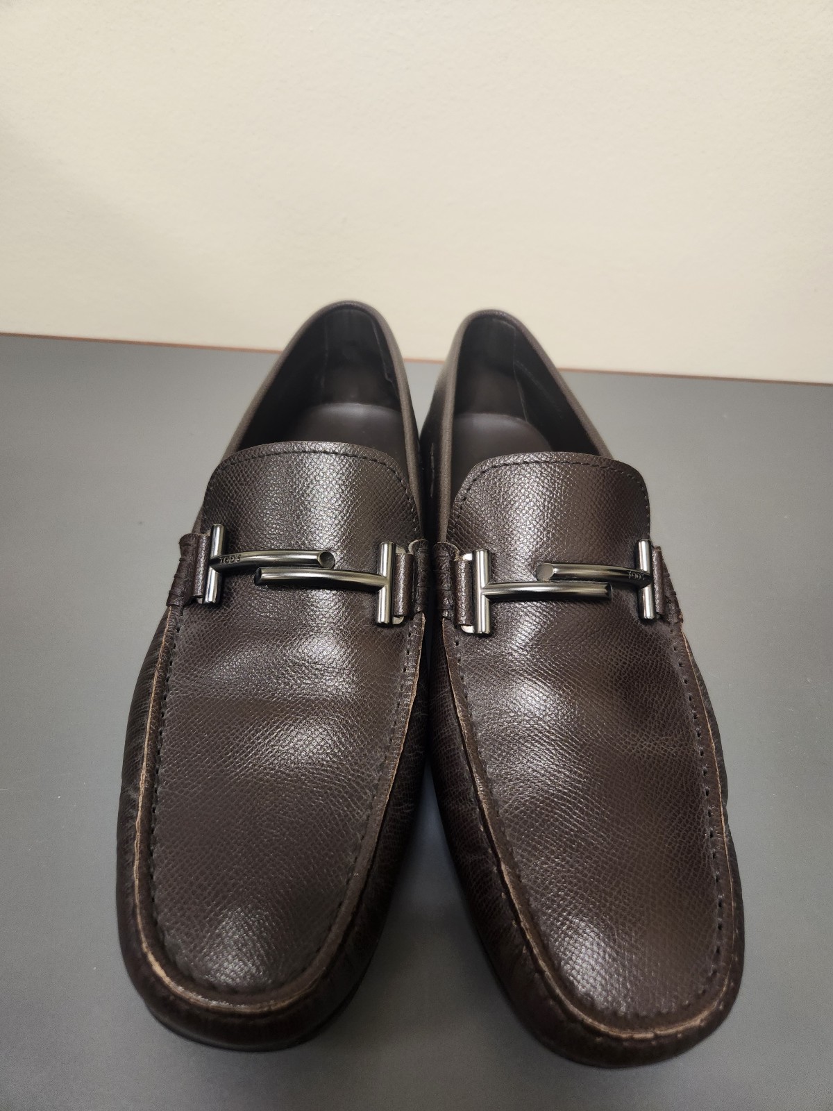 Tod s Double T Textured Leather Loafers chocolate Brown Sz 7.5