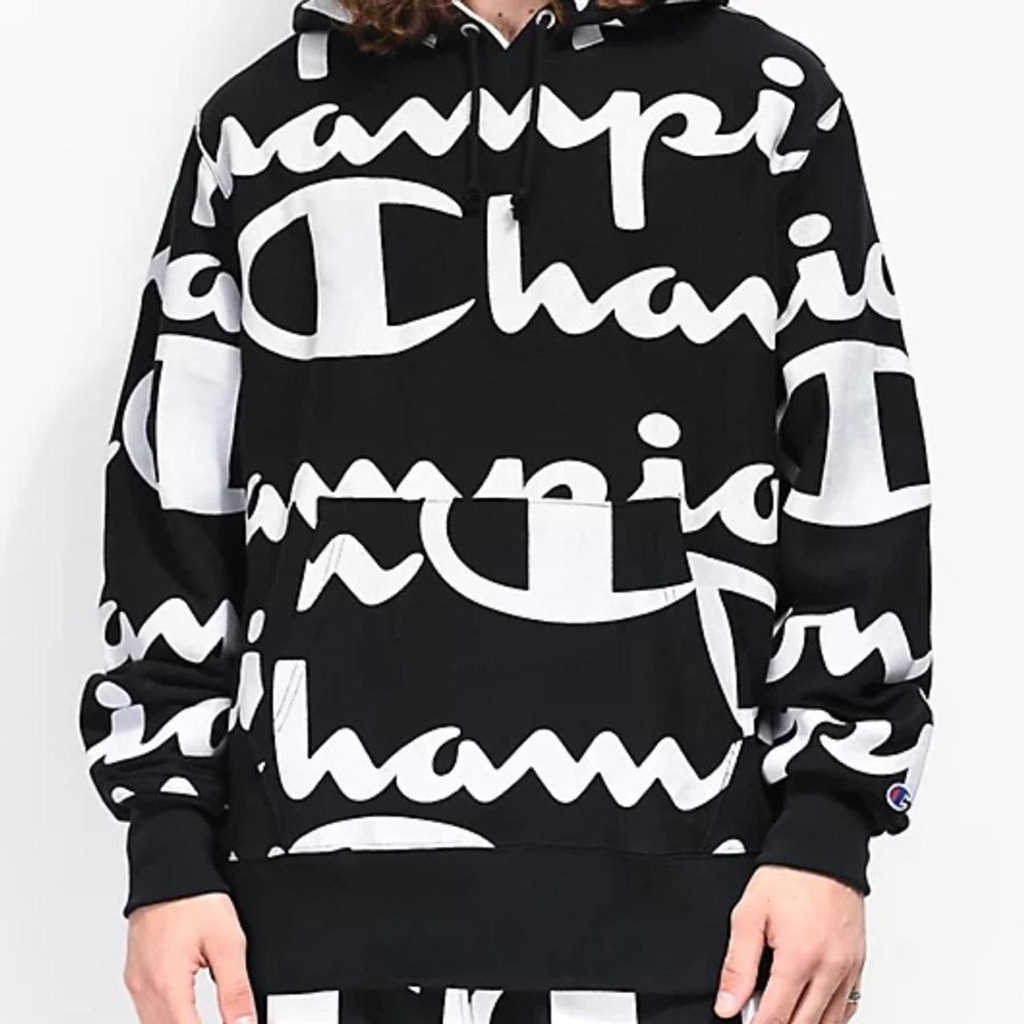 CHAMPION Reverse Weave Hoodie Medium All Over Big Logo 1990's Black/ White Vtg