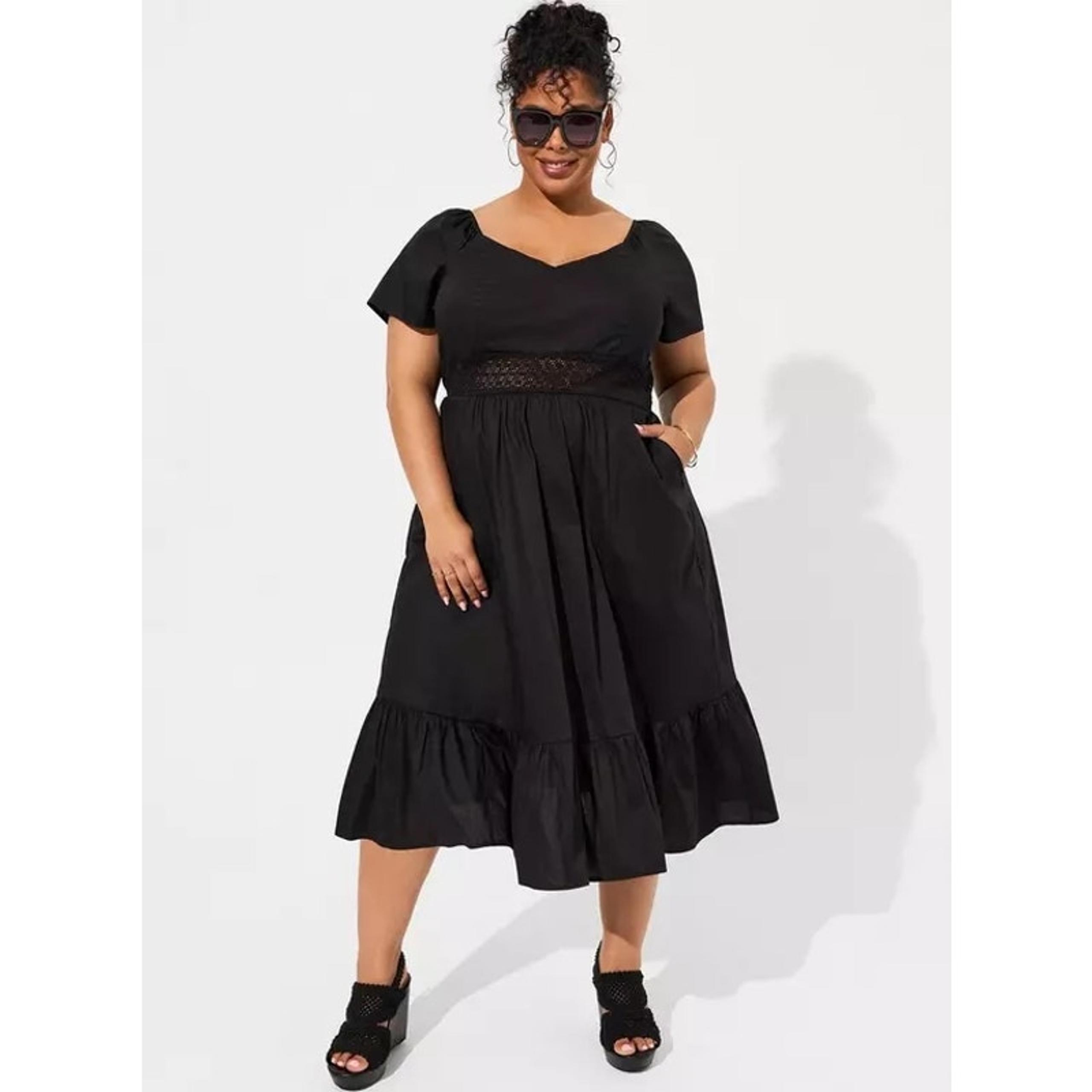 NWT Torrid Cotton Poplin Sheer Lace Waist Tie Back Tiered Midi Dress 3X Classic