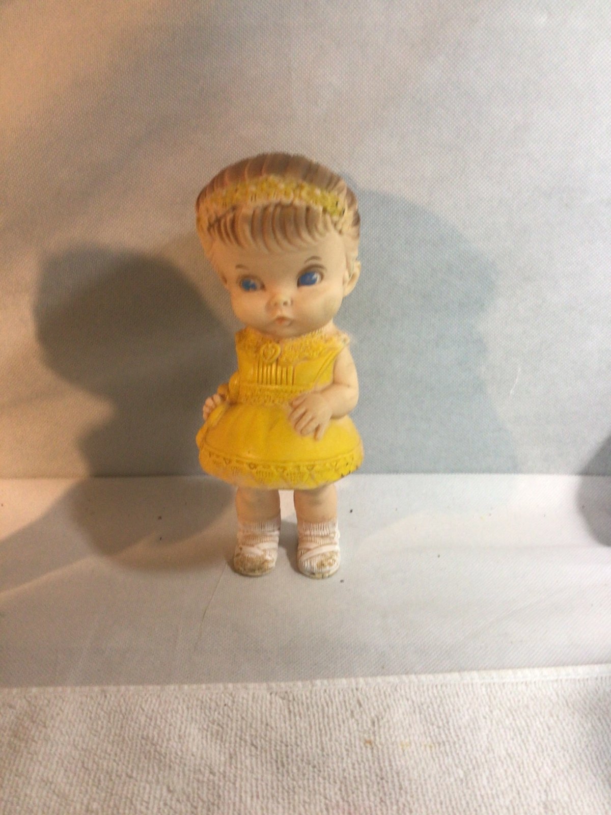 Vintage 1958 girl doll squeak toy Edward Mobey yellow dress 8”;Sh10