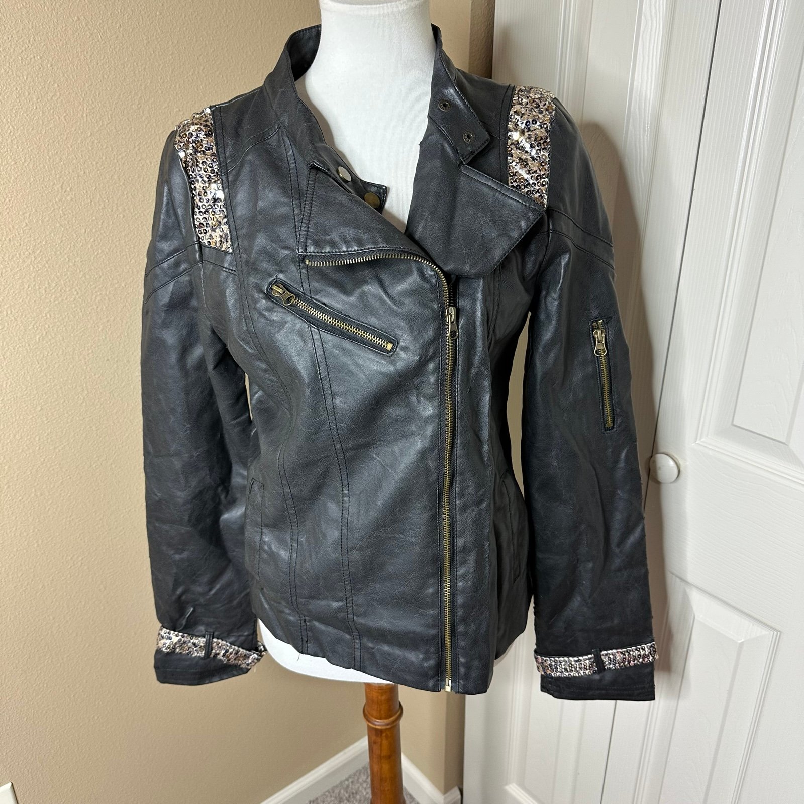 Stylish Black Leather Jacket with Sequin Accents