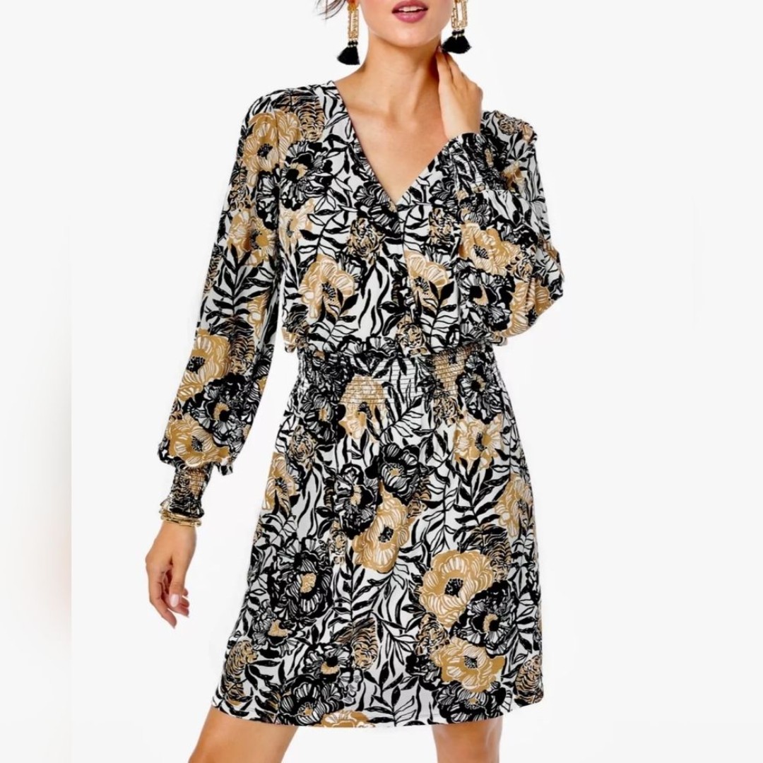 Lilly Pulitzer Black White Floral Peony Party Talley Long Sleeve Dress Medium