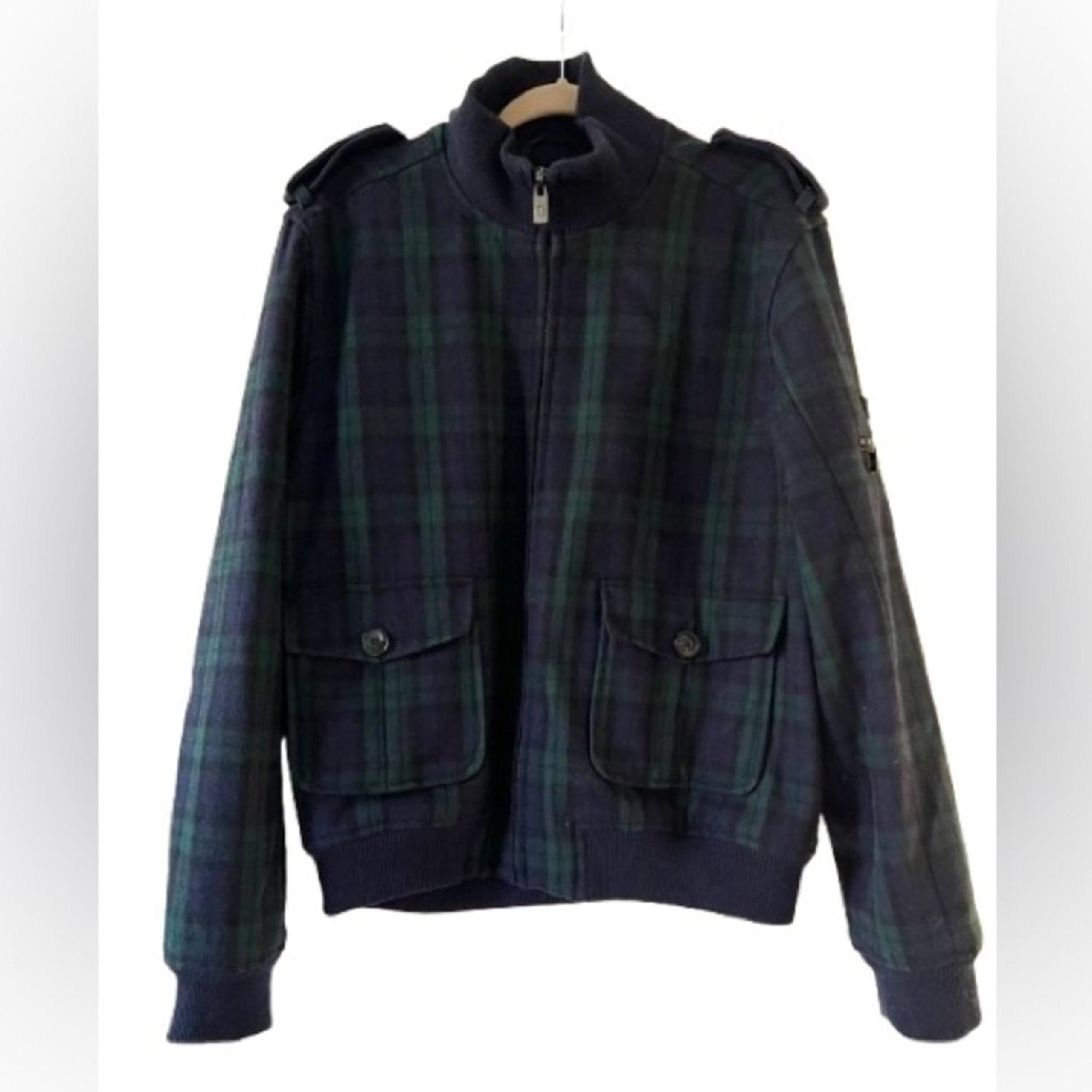 Ben Sherman Men’s Wool Blend Navy Green Plaid Bomber Jacket. Size 2XL