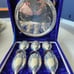 Silver plated goblet shot glasses and a serving dish