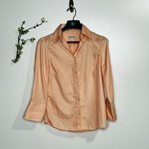 J. McLaughlin Orange White 3/4 length Button Collared Shirt