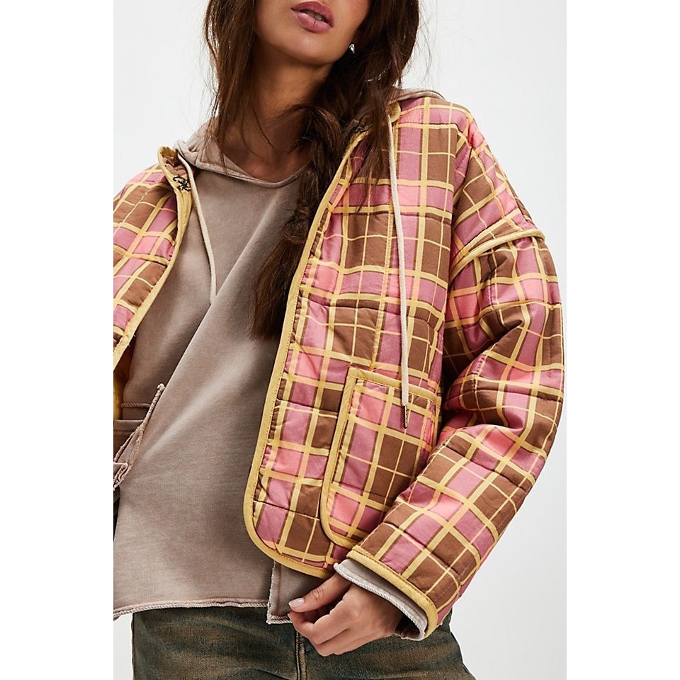NWOT FREE PEOPLE Chloe Jacket $198 MEDIUM Pink Plaid APPLE BLOSSOM Quilted