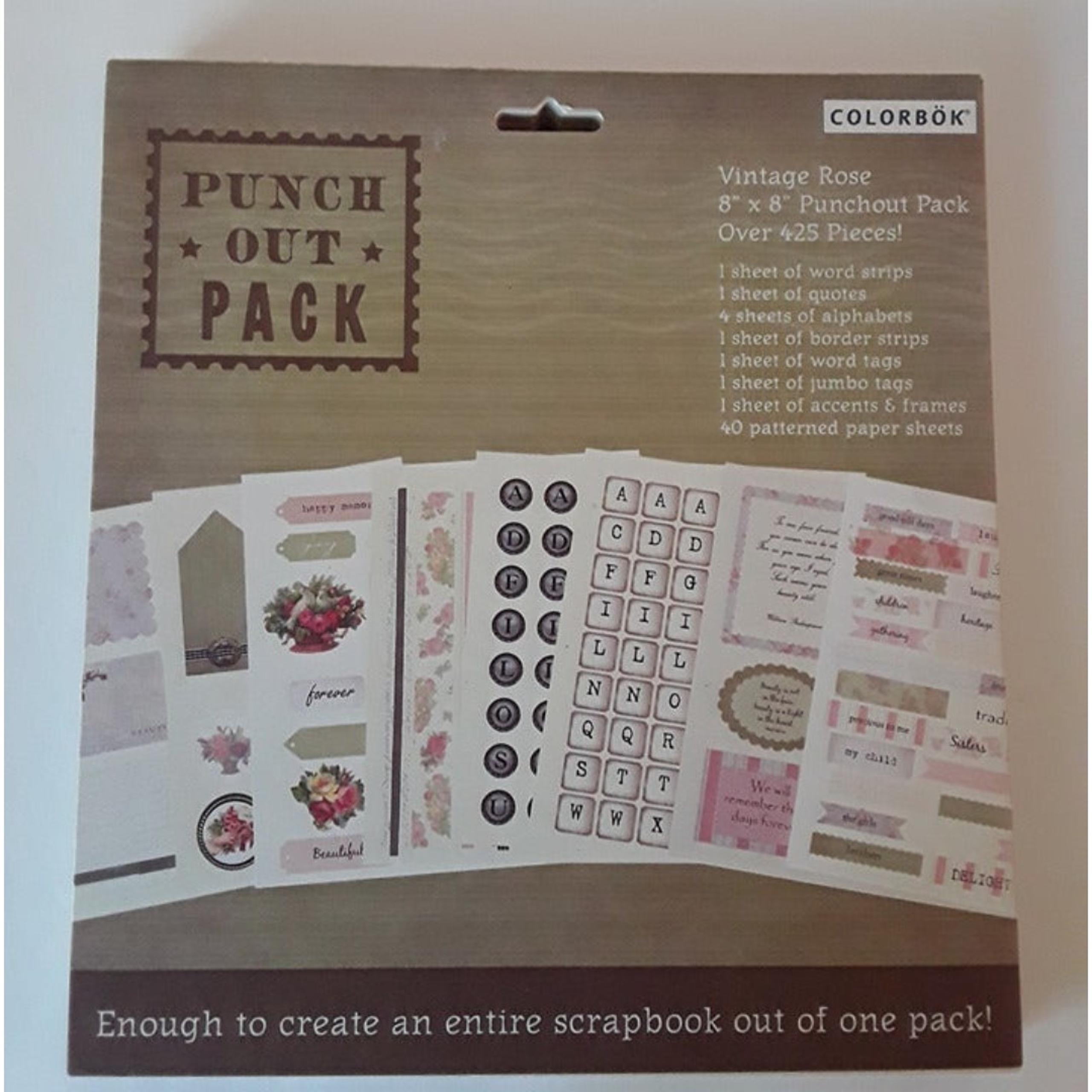8X8 Vintage Rose Punch Out Pack Colorbok Scrapbook Paper Tags Letters 425+ piece