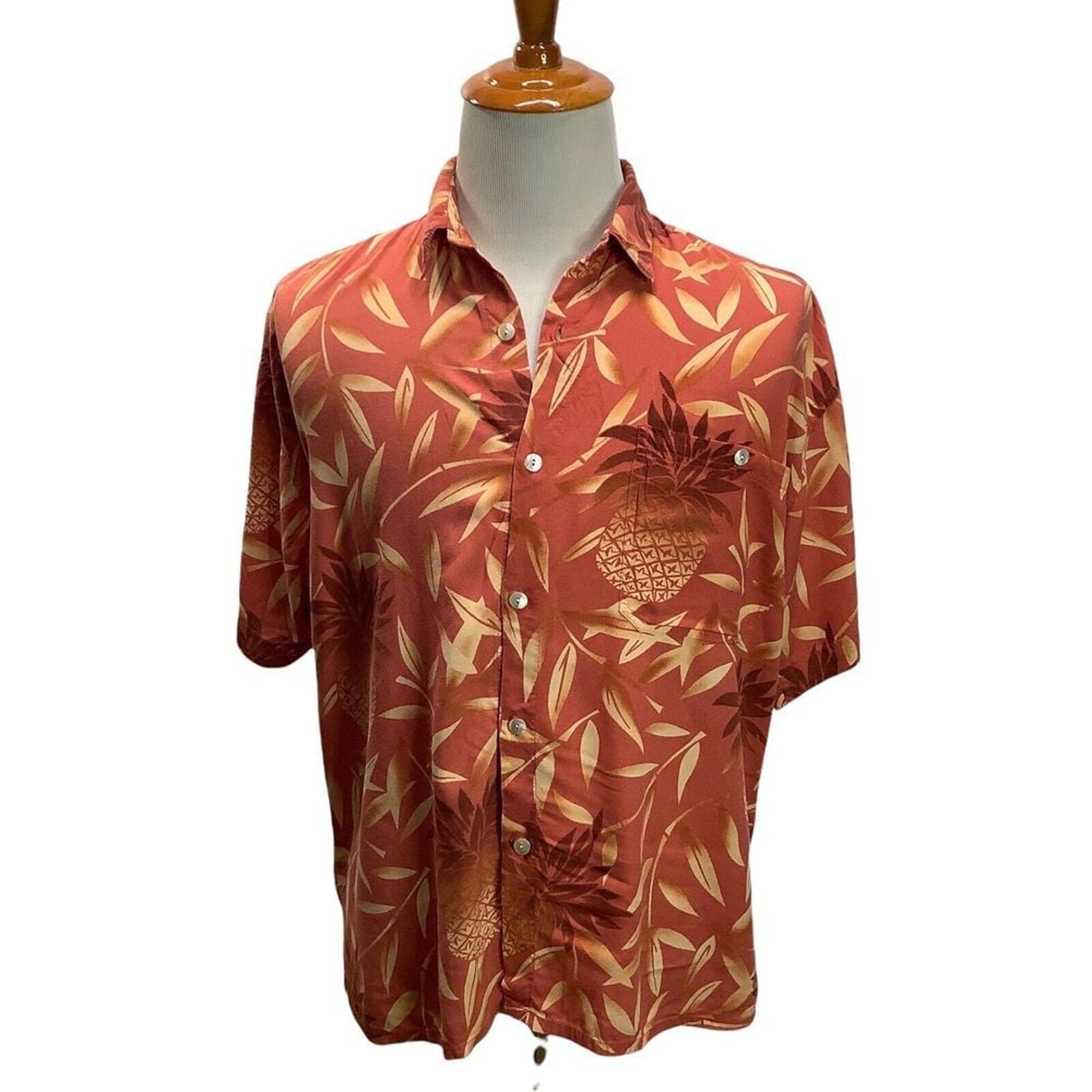 Serendipity Hawaiian Shirt Large Rayon Rust Beige Hibiscus Floral Mens Vintage