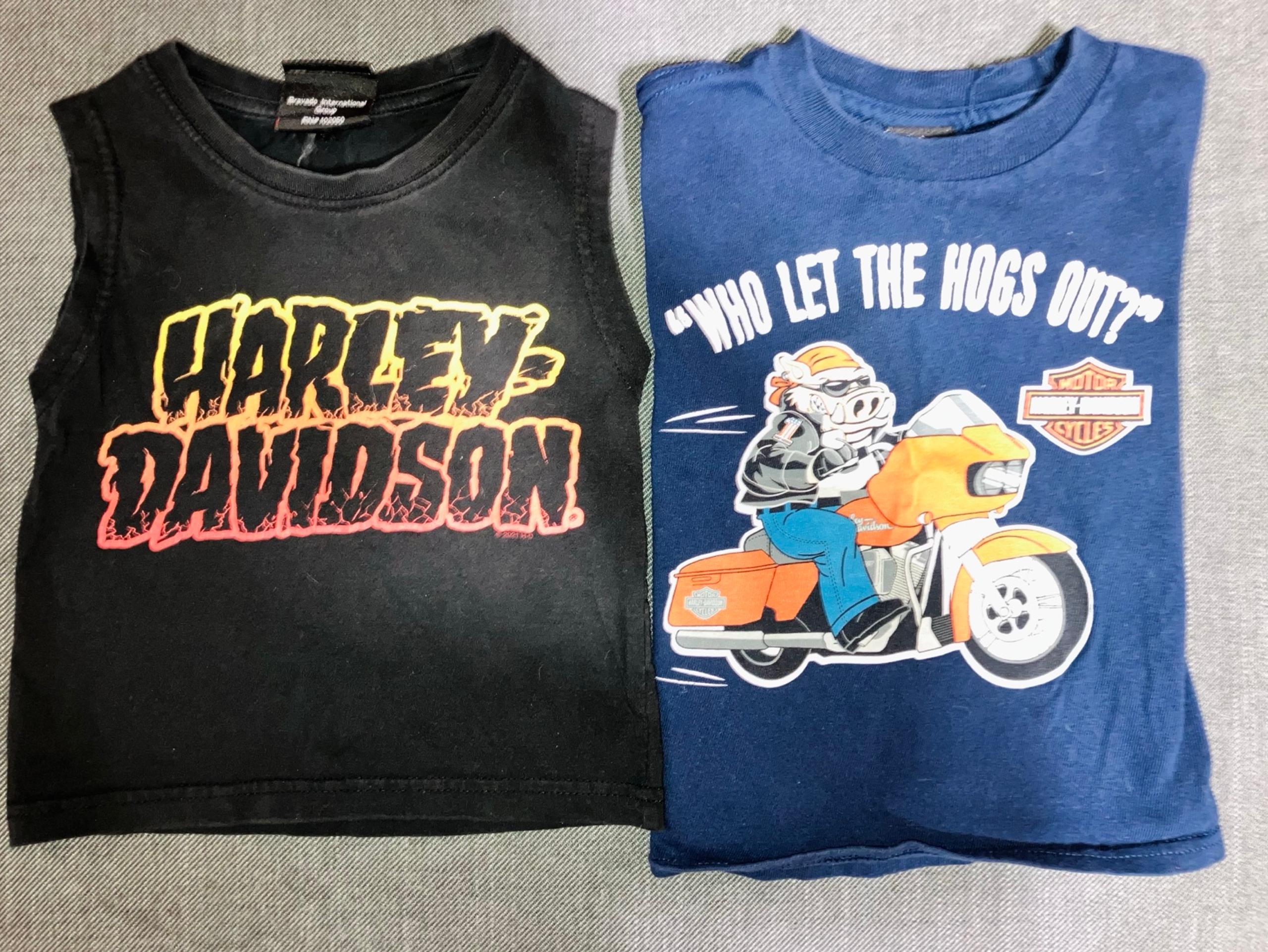 Toddler Harley Davidson: Sleeveless Orlando muscle (2T) & Hogs T-shirt (3T)