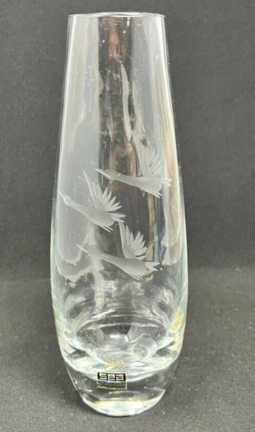 SEA Glasbrukab Crystal 7” Etched Flying Bird Over Cattails Kosta Sweden