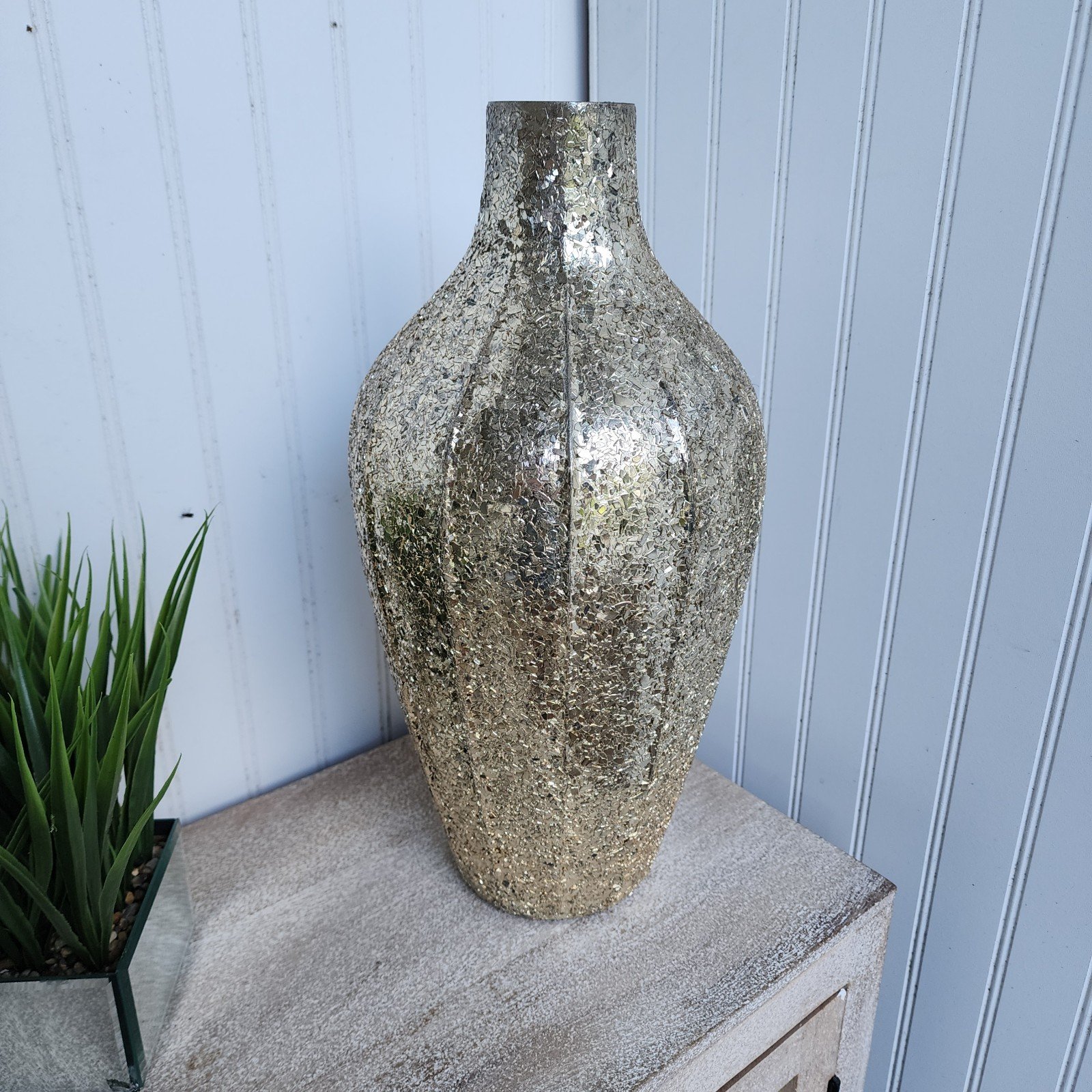 Gorgeous 17 Tall Decorative Art Glass Crushed Matte Glass Vase Gold Decor R13