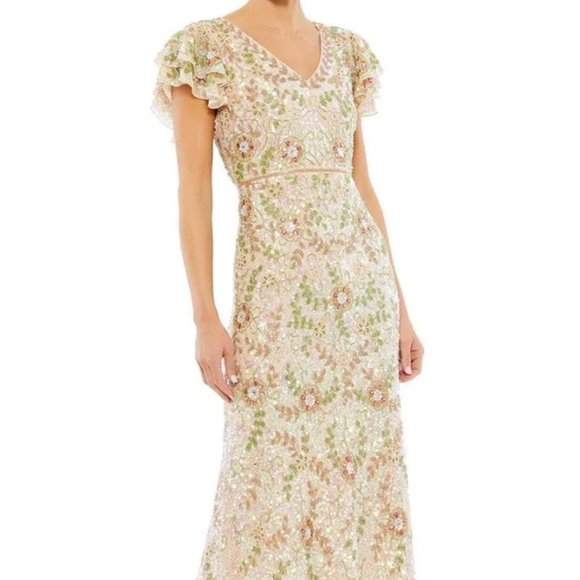 Mac Duggal Nude Multi Ruffled Cap Sleeve Embellished Evening Dress