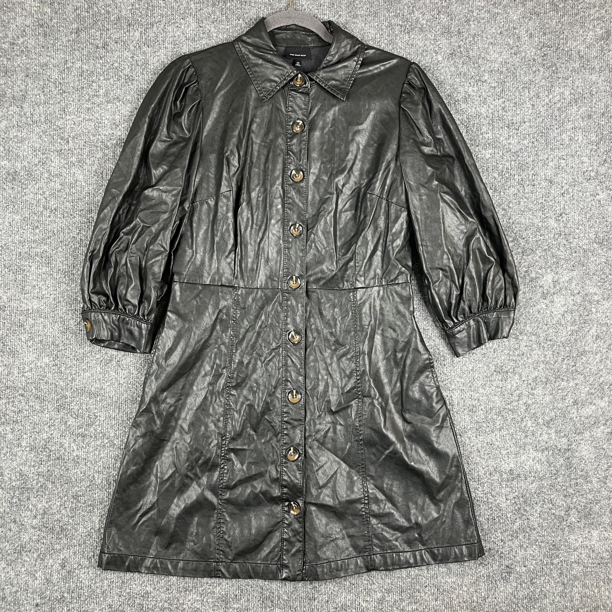 Who What Wear Faux Leather Dress Womens Medium Black Button Up Puff Sleeve