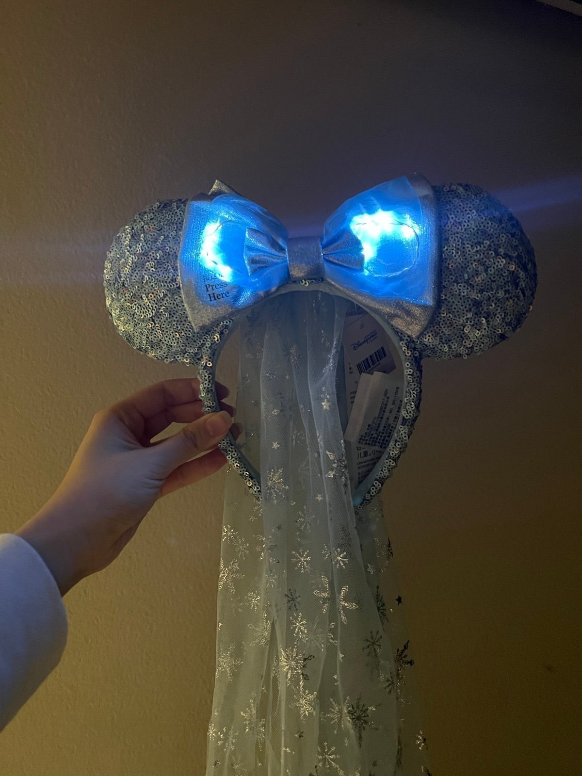 Disney Frozen Elsa Anna baby blue sequins Light up Veil Minnie Ears Headband