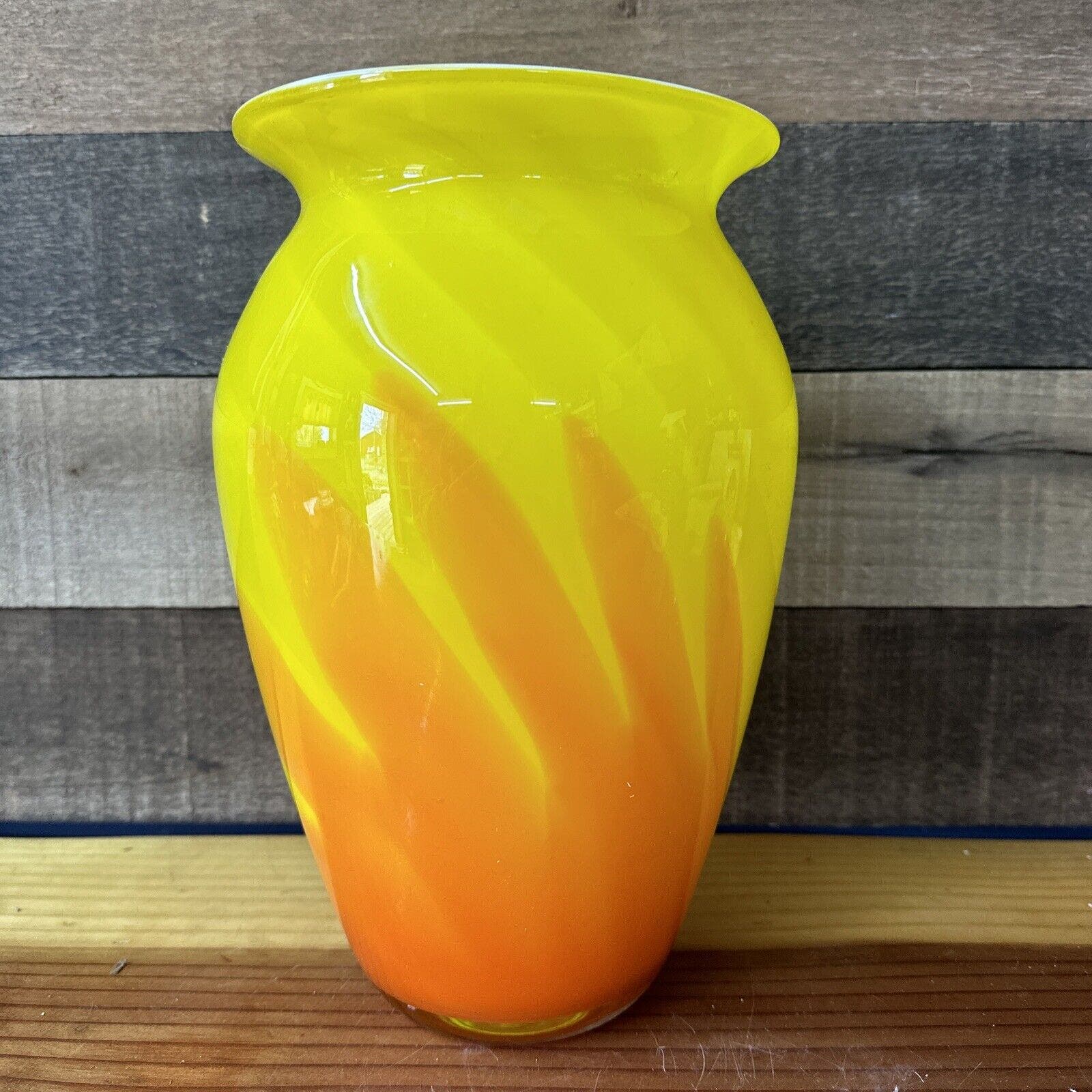 Large Art Glass Yellow Orange Vase 11”