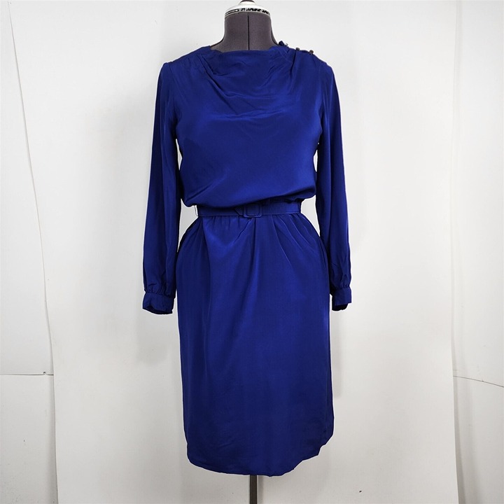 Vintage 1980s/90s Jack Mulqueen Blue Long Sleeve Silk Dress w/ Belt