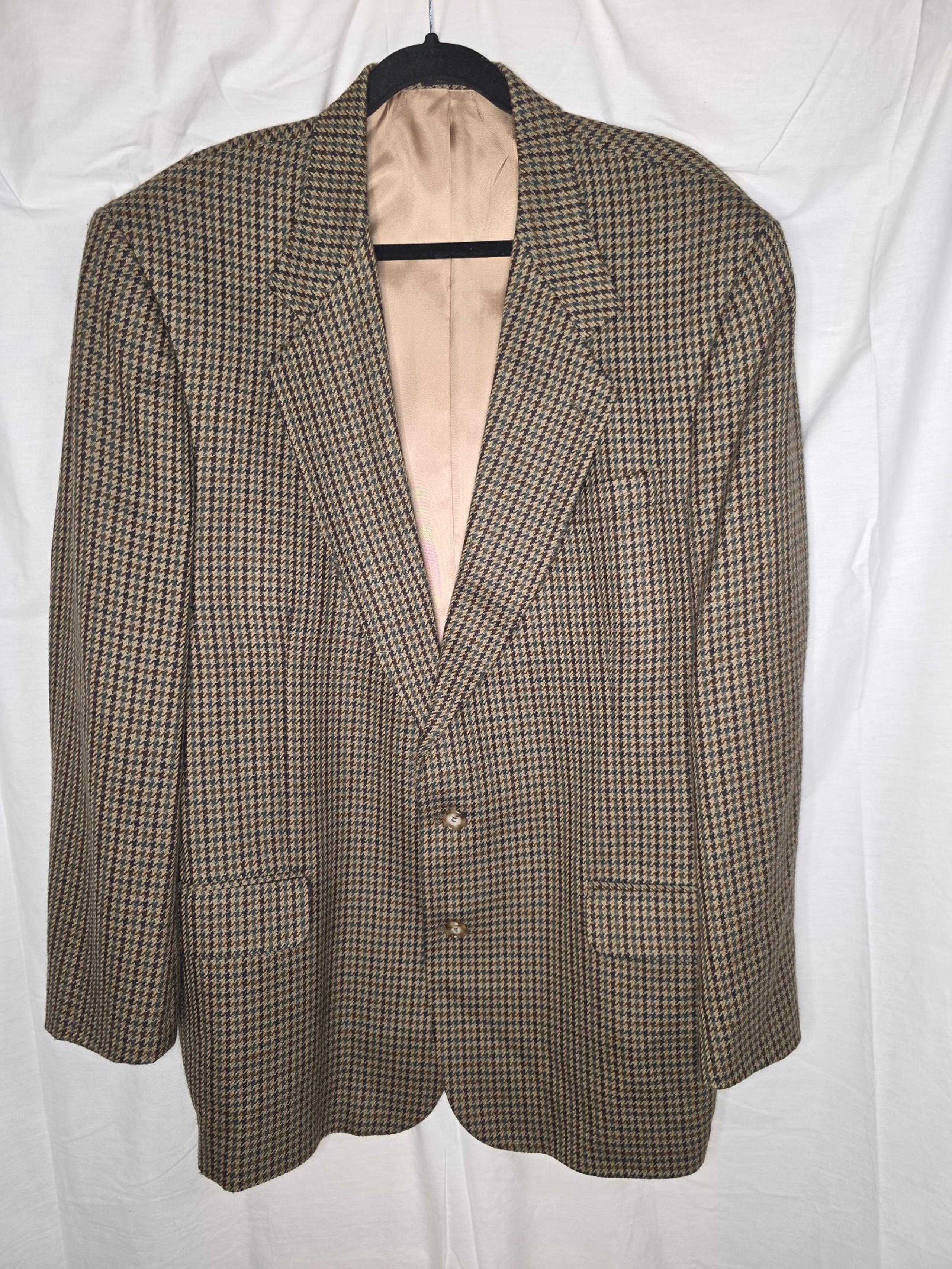 Oscar de la Renta 46L Brown Green Houndstooth Tweed Blazer Sport Coat Mens