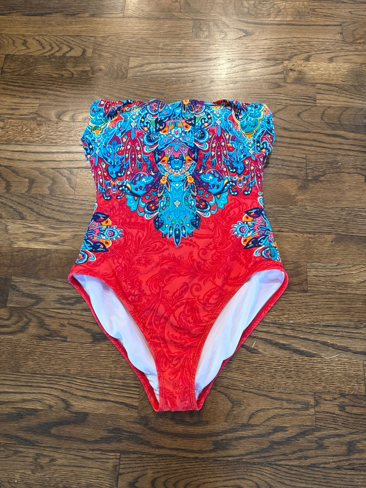Ralph Lauren Green label Red and Blue Paisley Floral One Piece Swimsuit Size 12