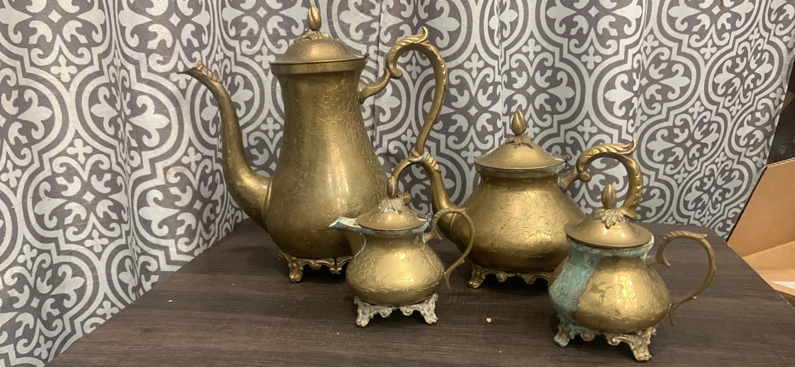 Antique Brass Tea Set: Teapots, Sugar Bowl, Milk Jug Creamer - Vintage Elegance