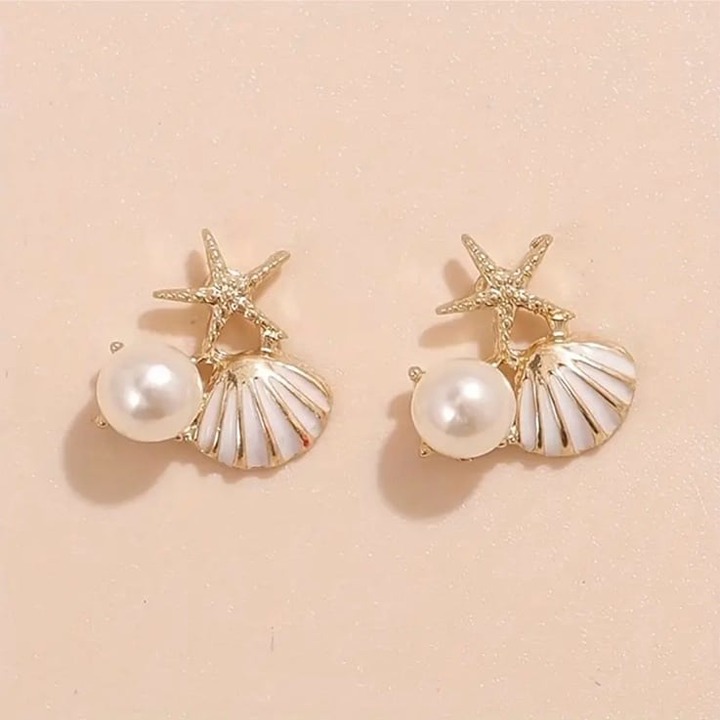 Gold And Silver Starfish Shell Pearl Earrings