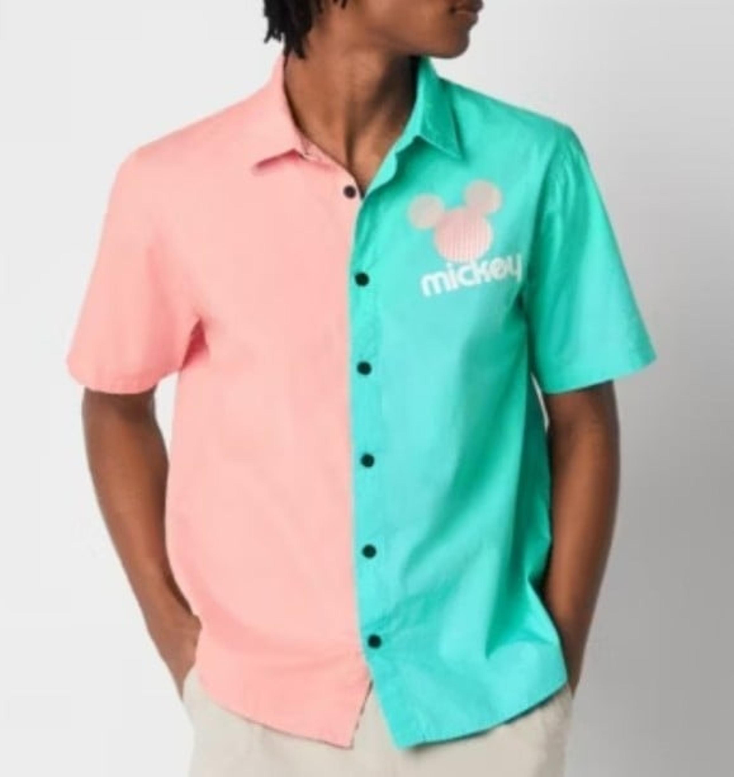 Disney x Neff Collab Mens L Mickey Print Short Sleeve Button Up Teal Pink NEW