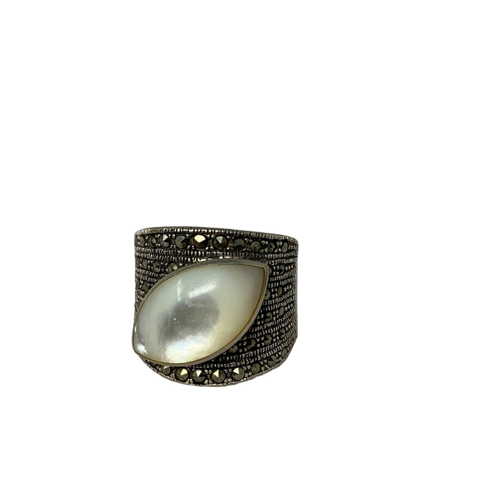 Sterling Silver Pave Ring with White Oval Cabochon Apx Sz 8.25 Stamped Thai