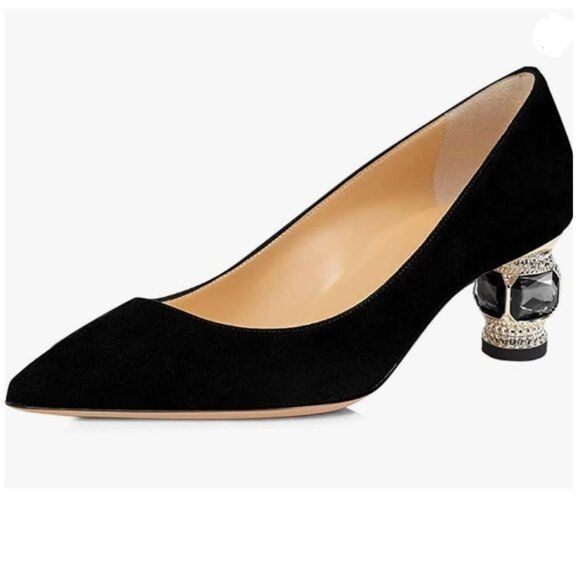 FSJ Black Suede Bridal Pointed Toe Block Low Heel Crystal Pump Wedding Shoes