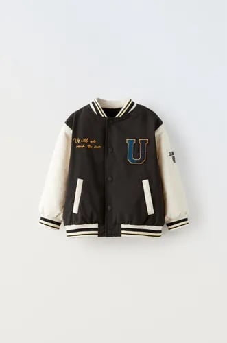 Zara kids boys girls WATER-REPELLENT FAUX SHEARLING VARSITY BOMBER JACKET 4-5 y
