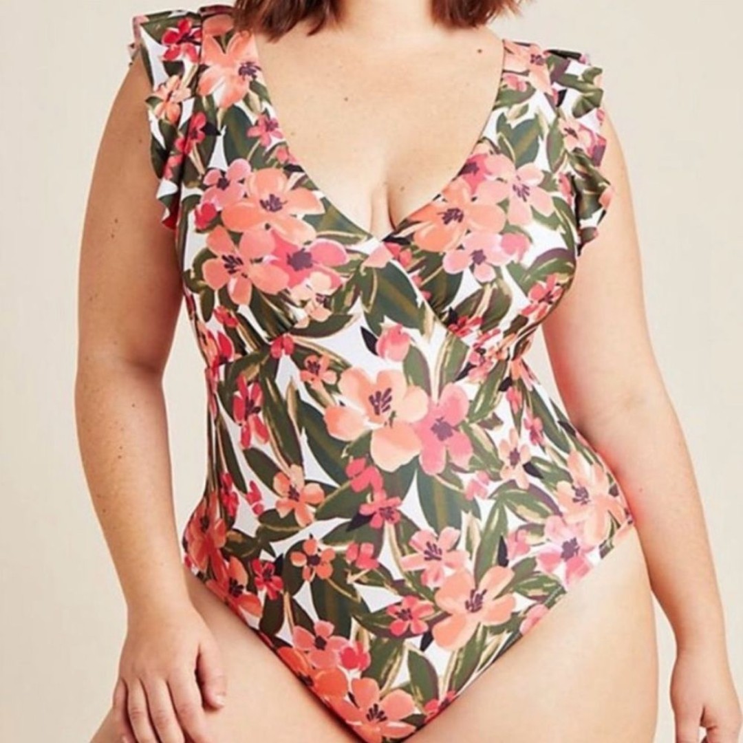 Anthropologie Size 1X Floral One Piece Swimsuit V Neckline Ruffle Cap sleeves