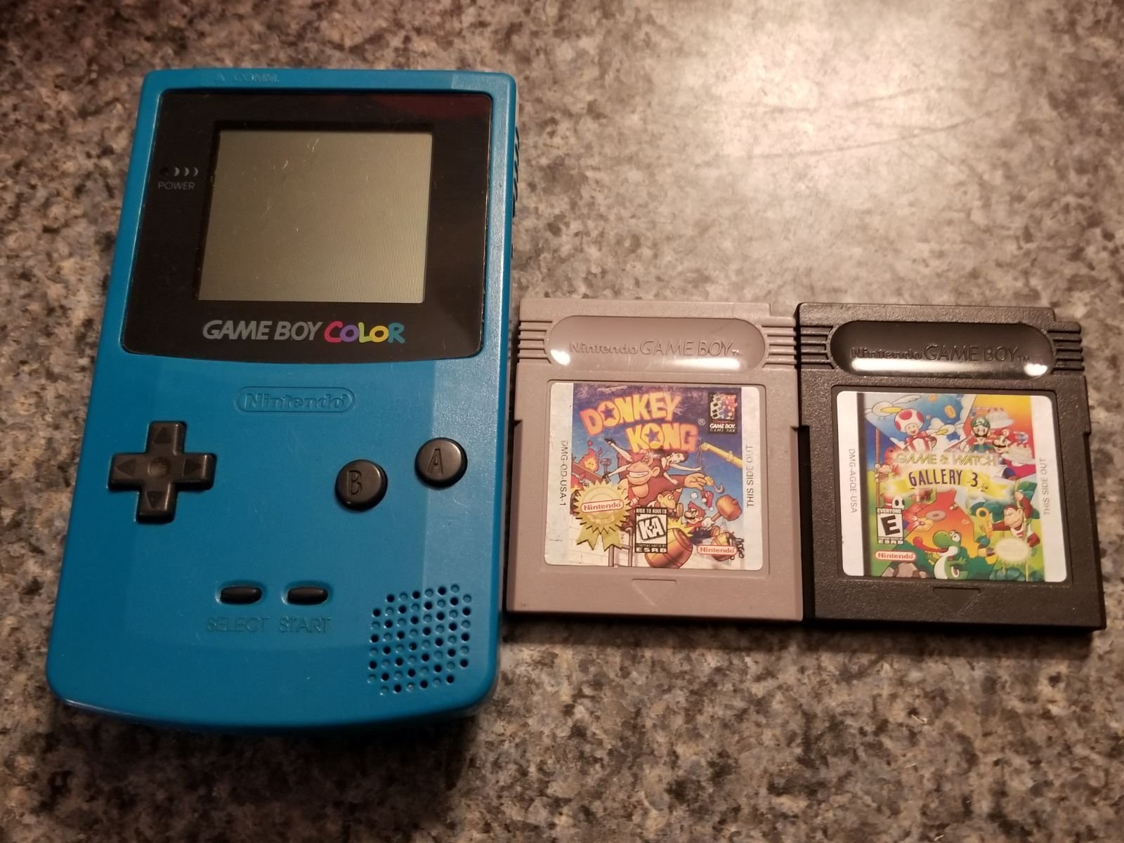 Original Teal Gameboy Color With Donkey Kong and Game and Watch Gallery 3