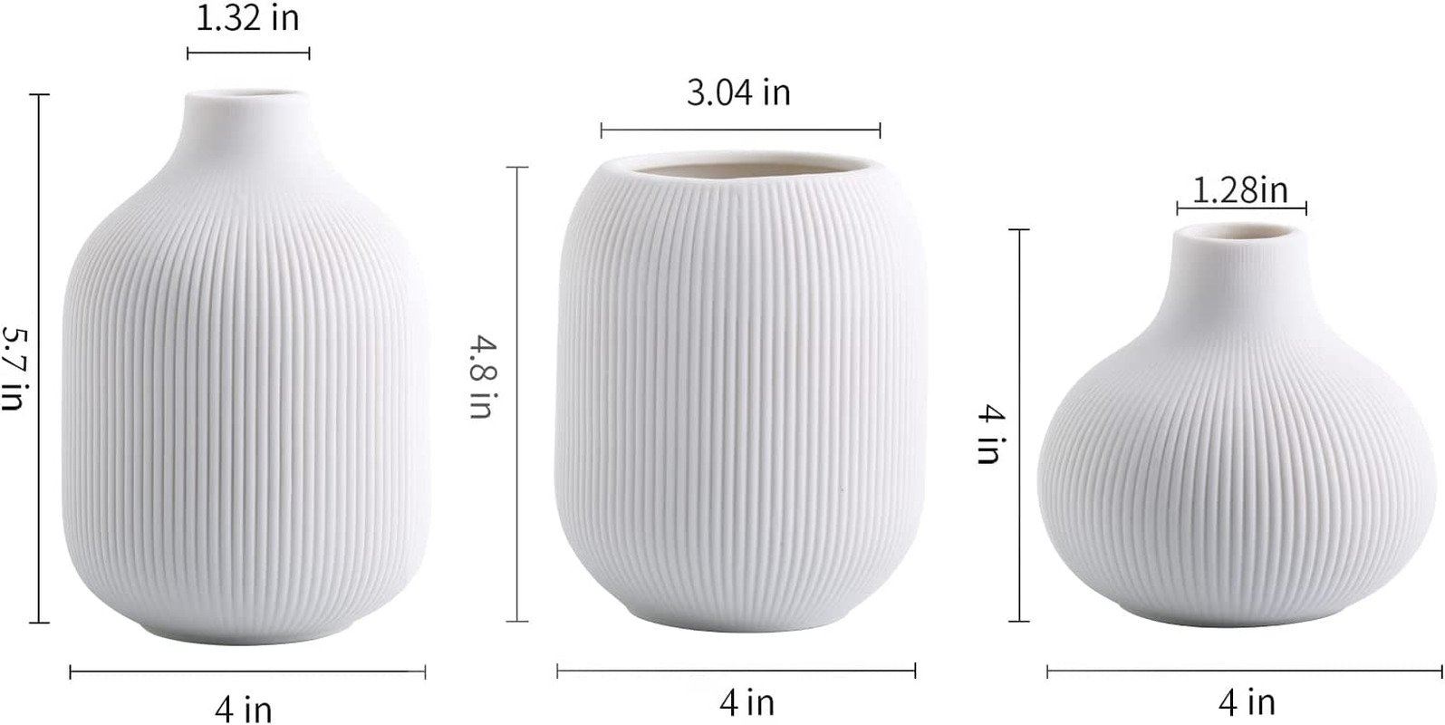 Set of 3 Modern Minimalist White Ceramic Decor Vases (Neutral Small Ribbed Vase