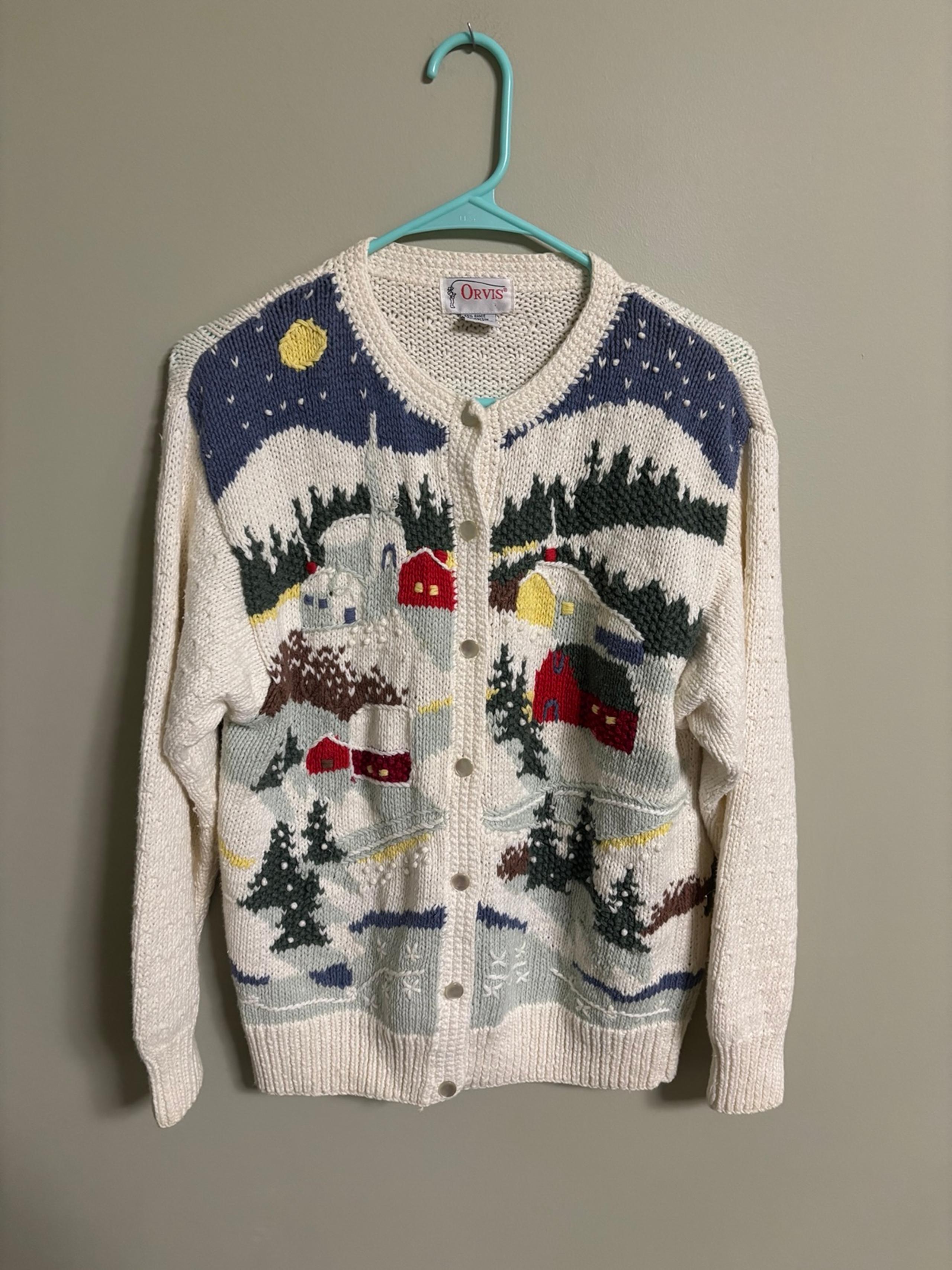 Vintage Orvis 3D Cardigan 90s Embroidered Snowy Town Village Sweater Size Medium