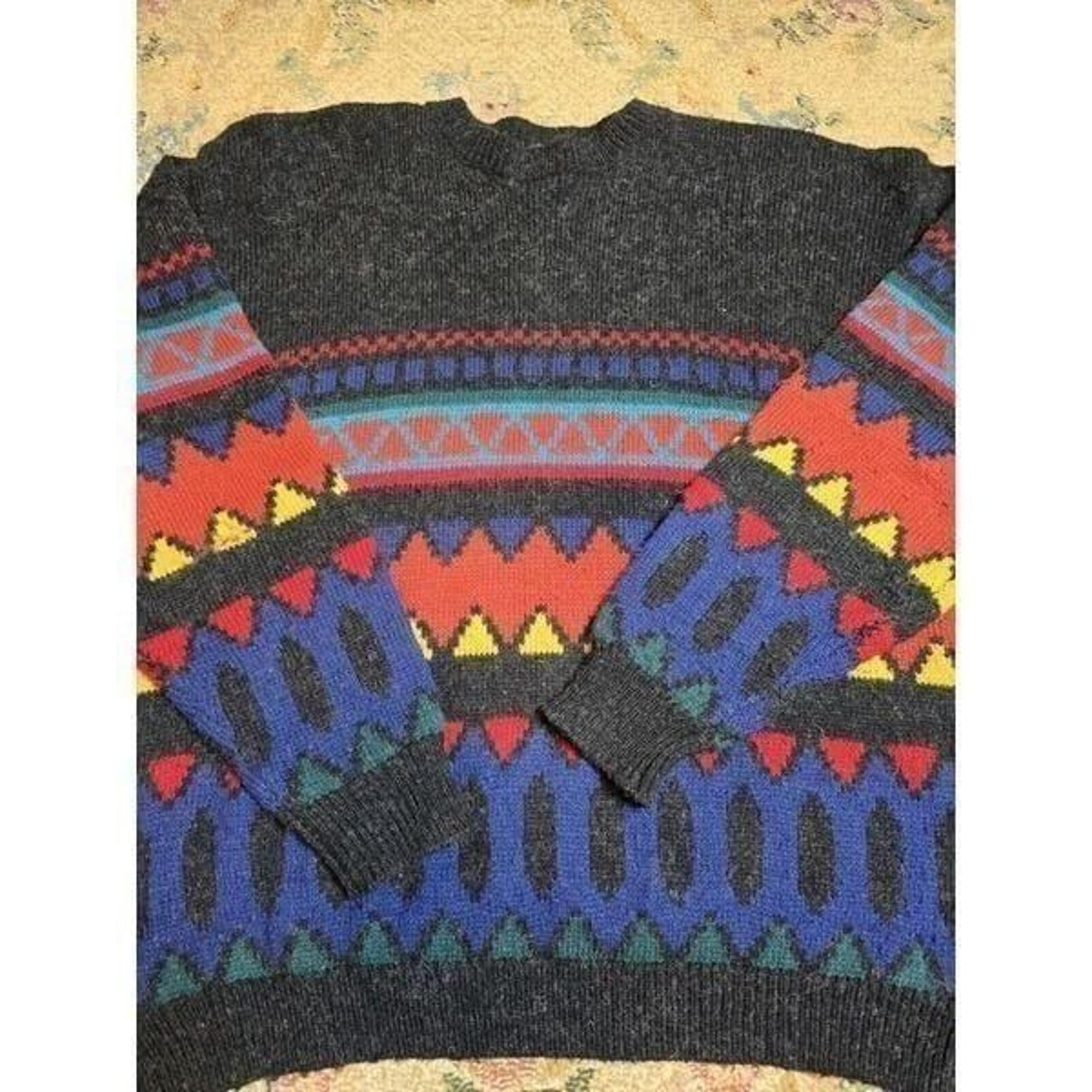 Vtg 90's Generra Pullover Sweater Multicolor Black Wool Blend Geometric Aztec XL