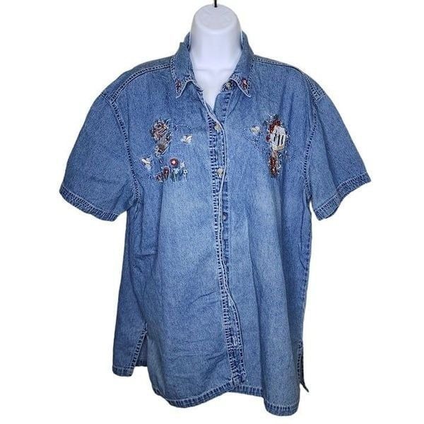 Vintage 90s Short Sleeve Bird Cage Denim Shirt Womens 14 Blue Embroidered Jean