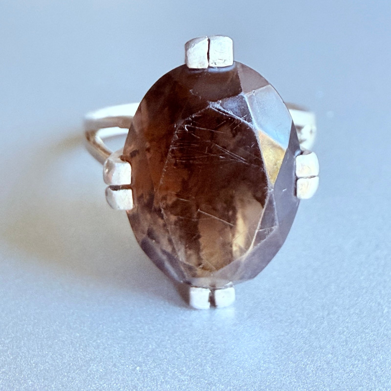 Antique Vintage Brown Smoky Quartz Oval Solitaire Ring in Sterling Silver 925