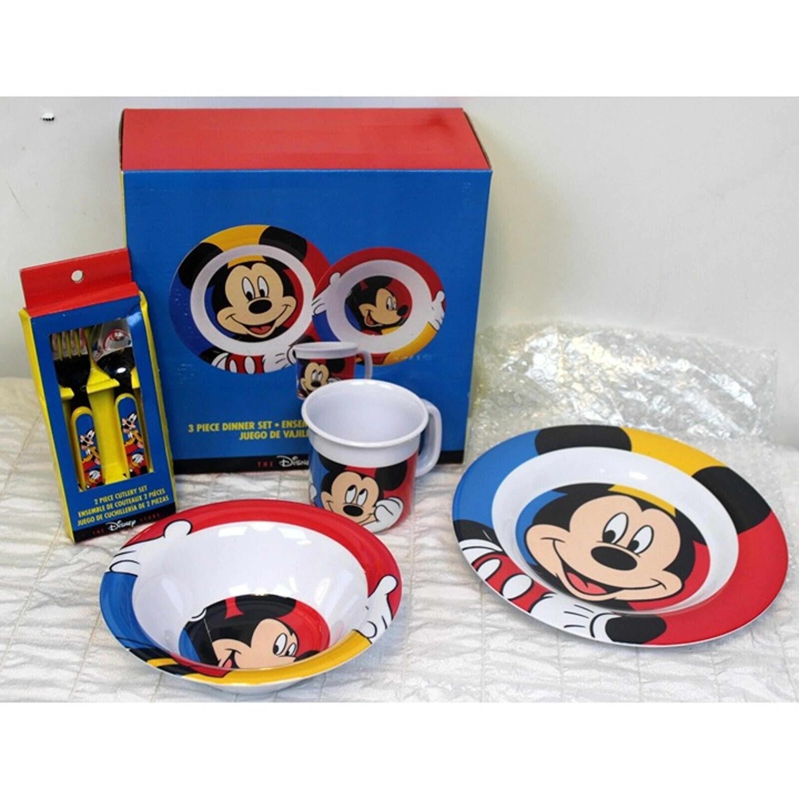 Vtg 90s Disney Dinner Set Color Block Mickey Plate Bowl Cup Fork Spoon Melamine