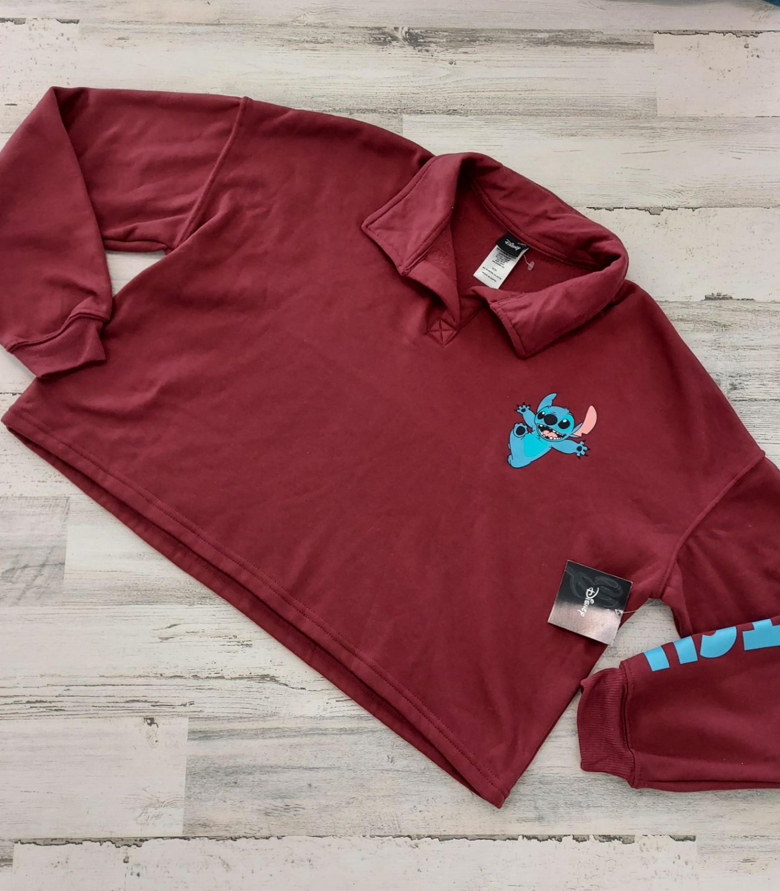New Disney Women’s Sz XS Burgundy Stitch Cropped Long Sleeve Relaxed Sweatshirt.