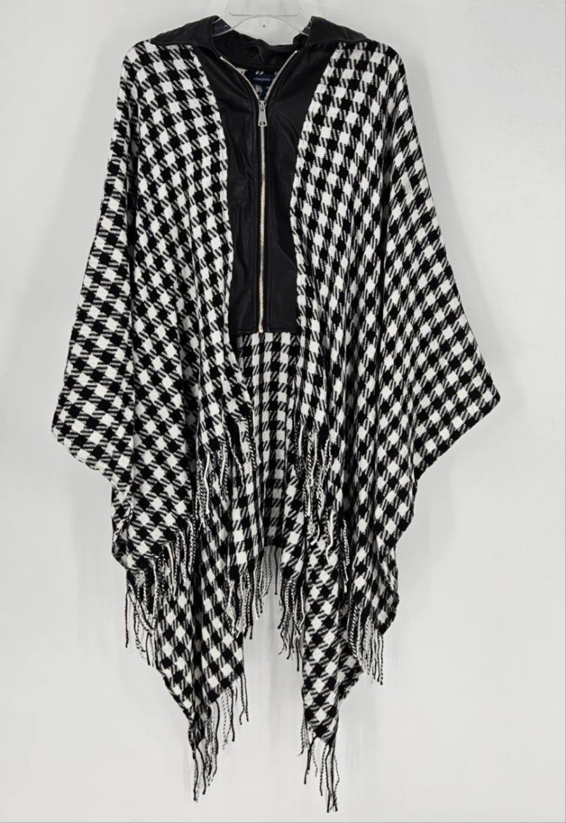 ADRIENNE VITTADINI SOFT HOUNDSTOOTH FAUX LEATHER PONCHO ZIP/FRINGE
