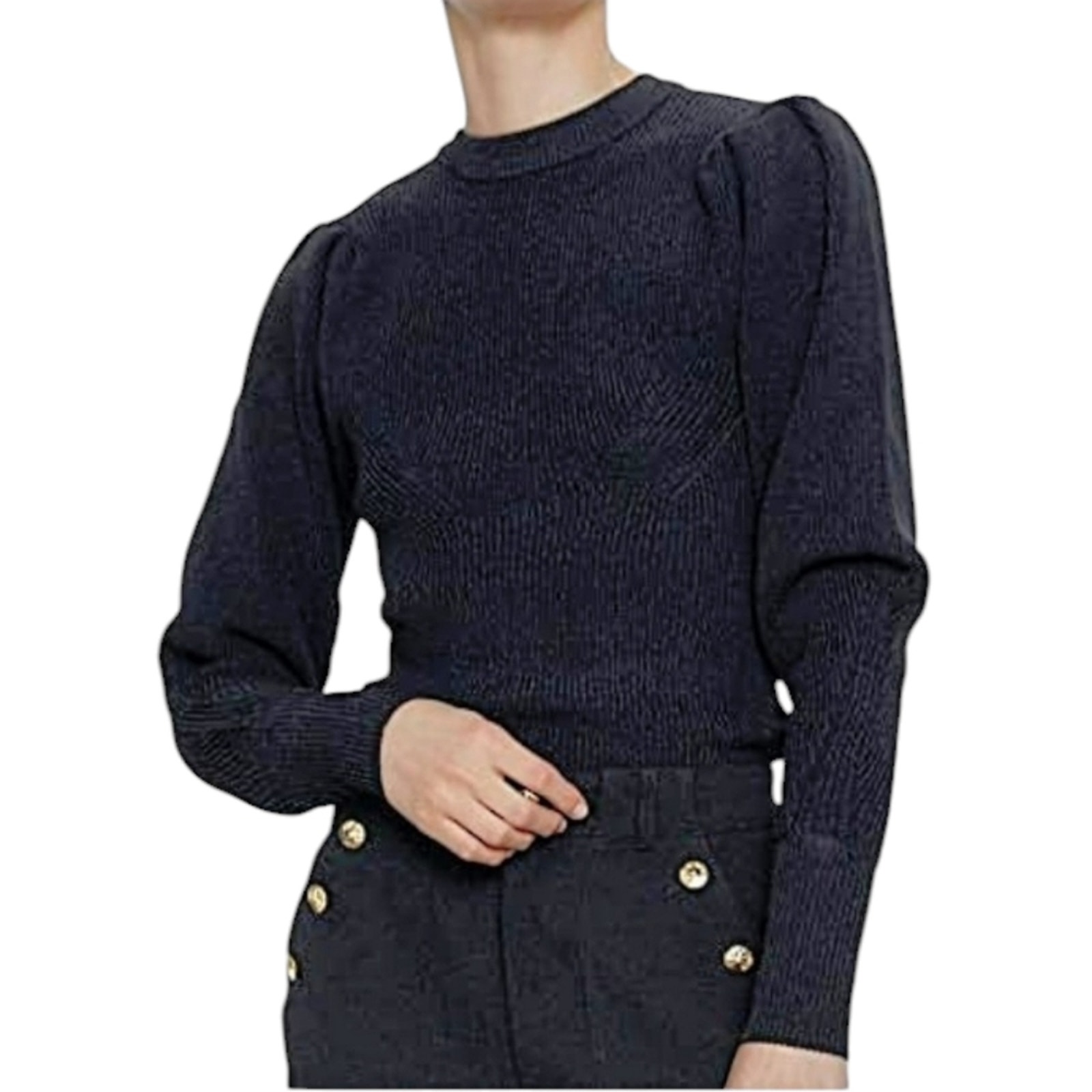 Zara Baloon Puff Sleeve Ribbed Crewneck Jet Black Sweater