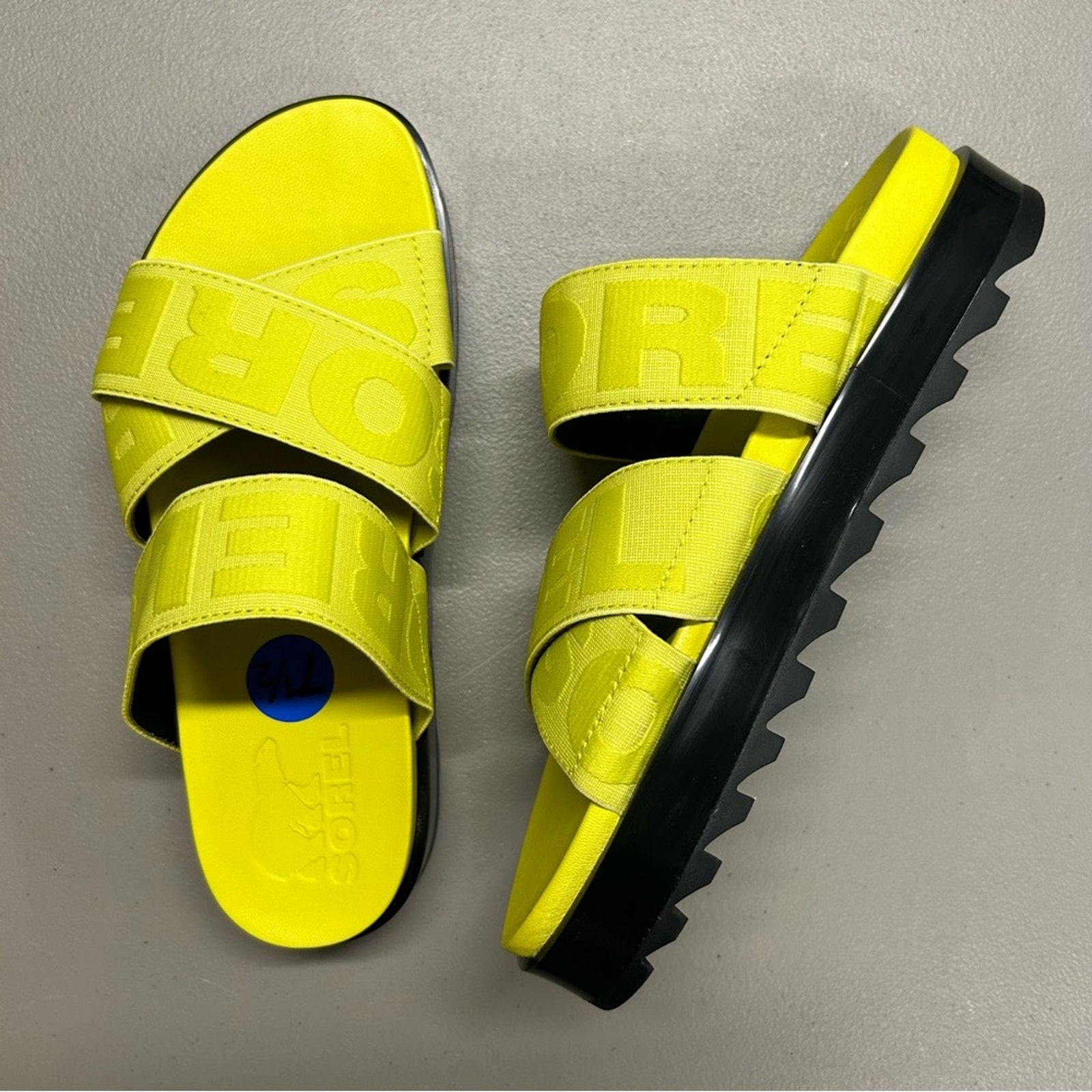 Sorel Roaming Sport Slide Sandal Slip On Platform Yellow Logo Spell Out NEW 7.5