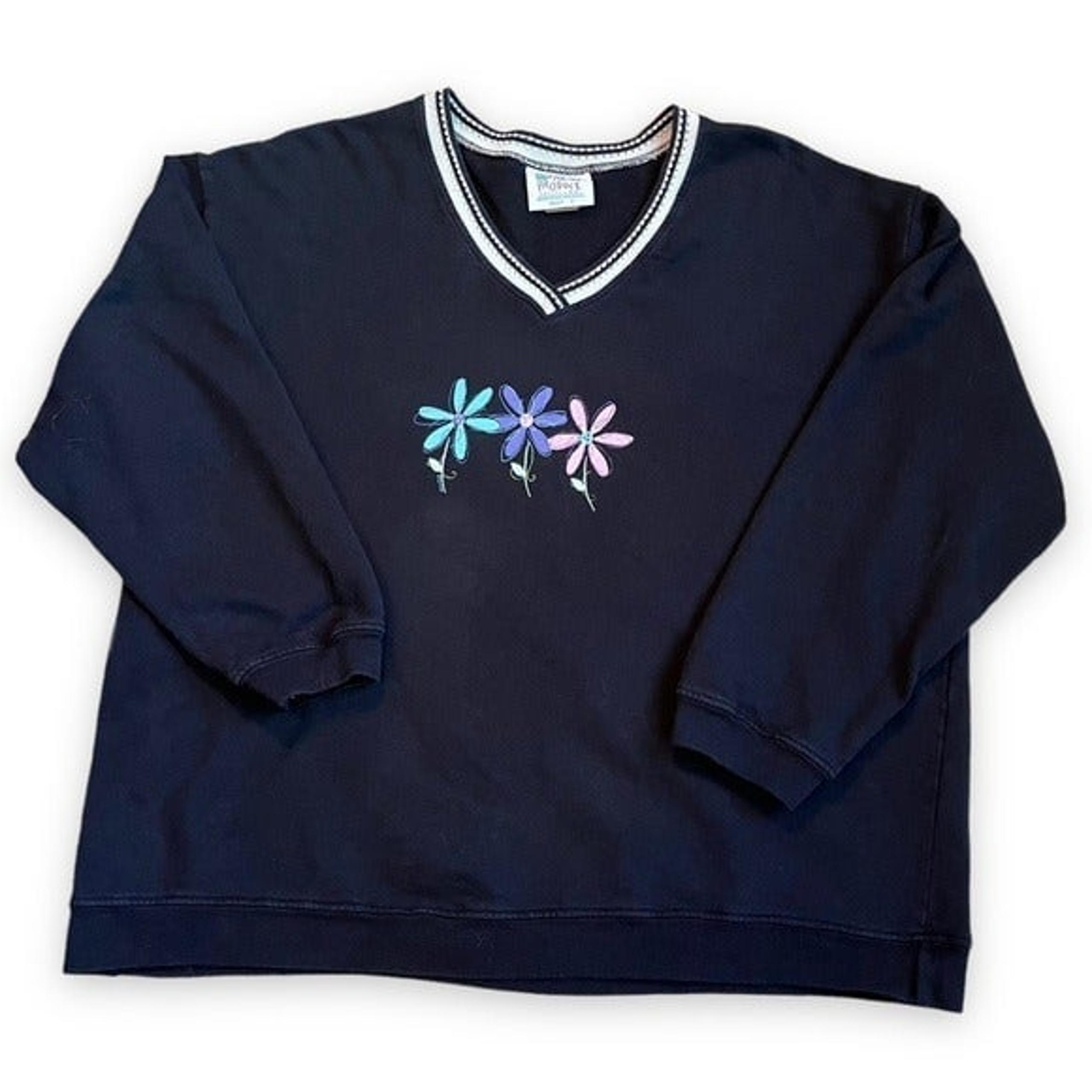 Vintage Fresh Produce Sweatshirt V Neck Flower Print Relaxed Small Black Cotton