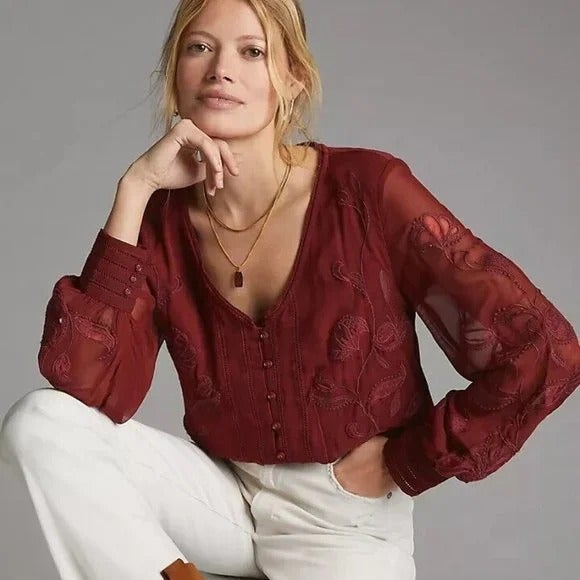 120 Anthropologie Embroidered Floral Buttondown
