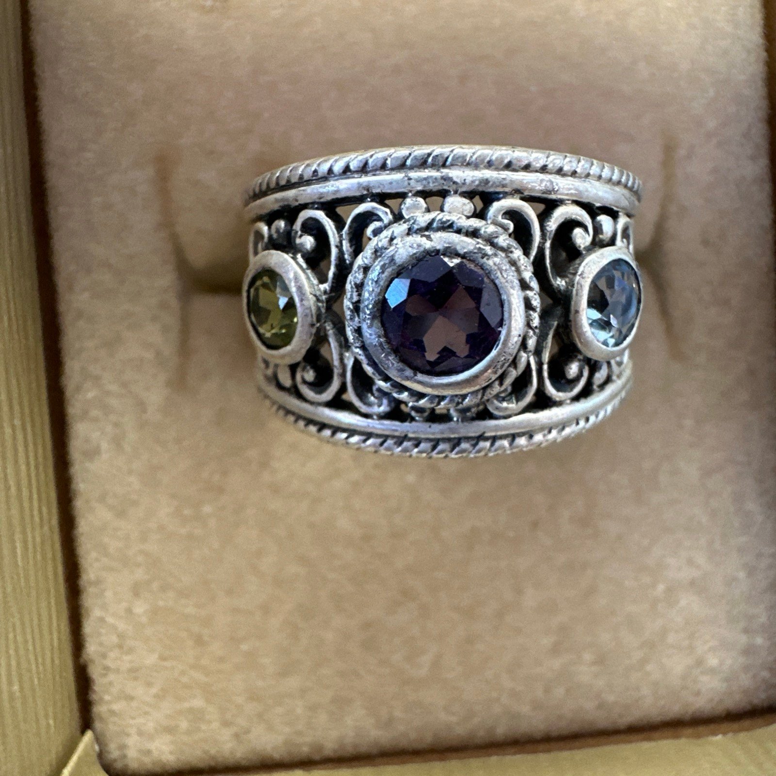 Aquamarine , Peridot, Amethyst Sterling Silver 925 Ring Size 7