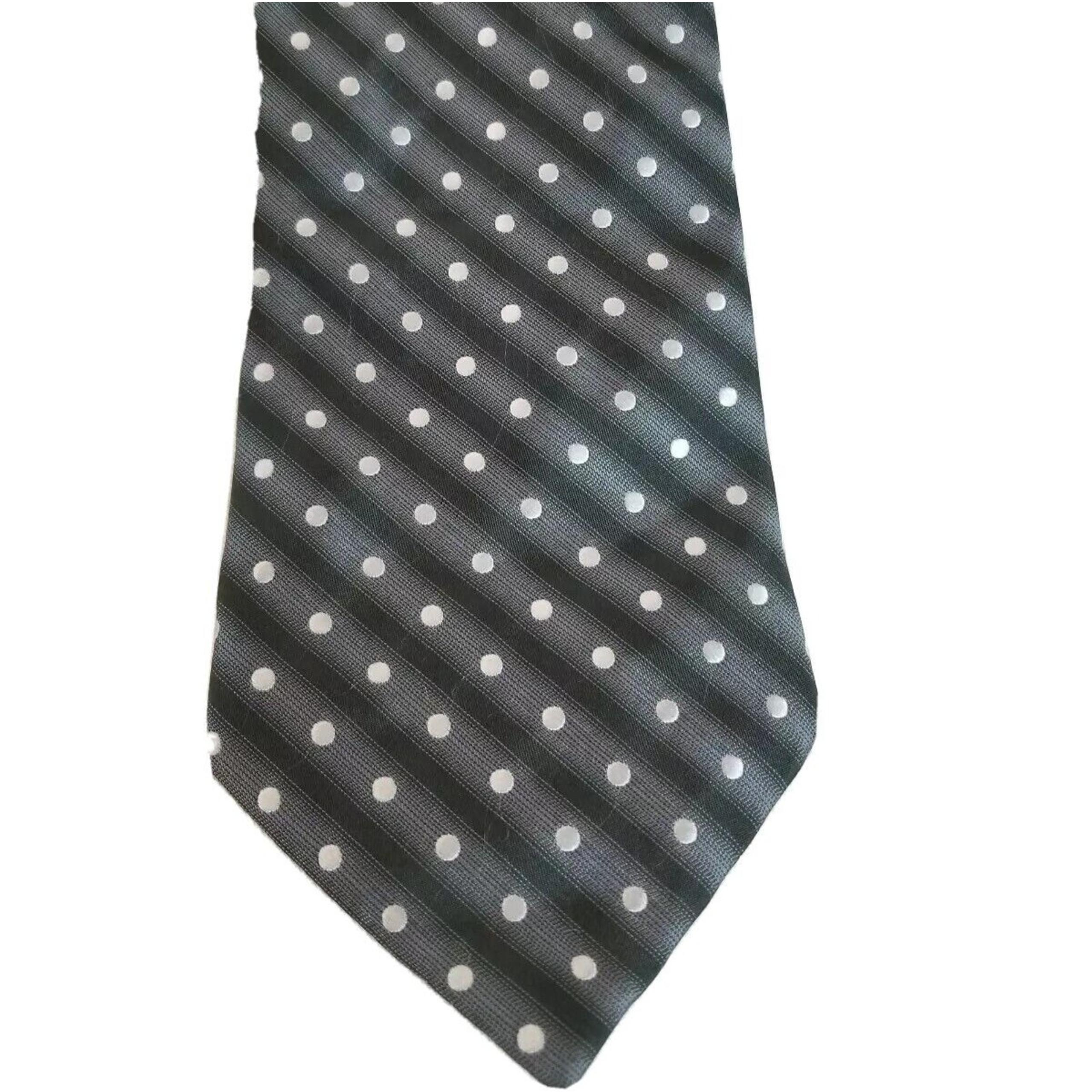 Claiborne Mens Tie 100% Silk Black Gray Silver White Polka Dot Handmade
