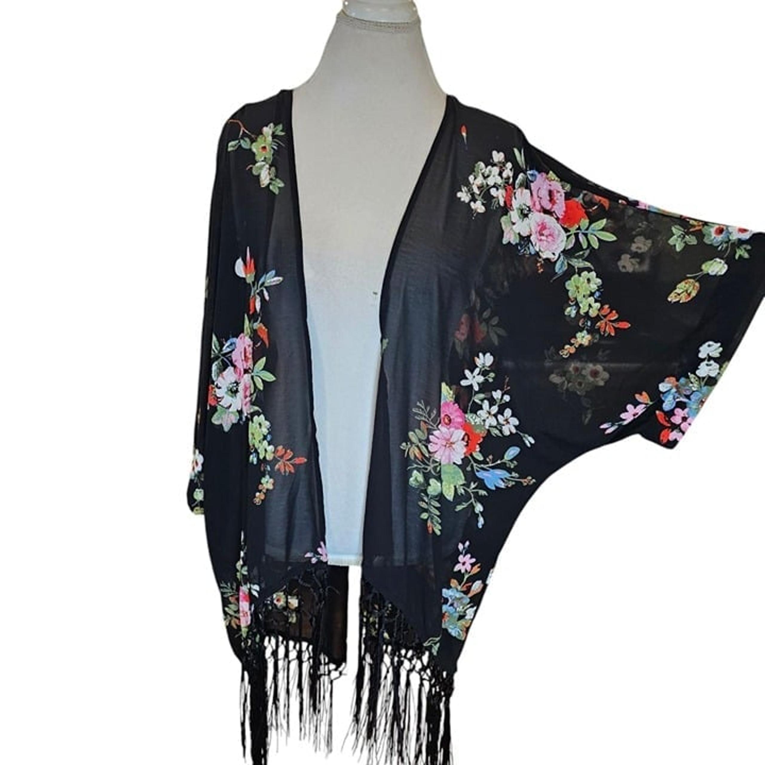 Kimono Kaftan Duster Sheer Floral Fringe Boho Whimsigoth XS S Black Wrap Shawl