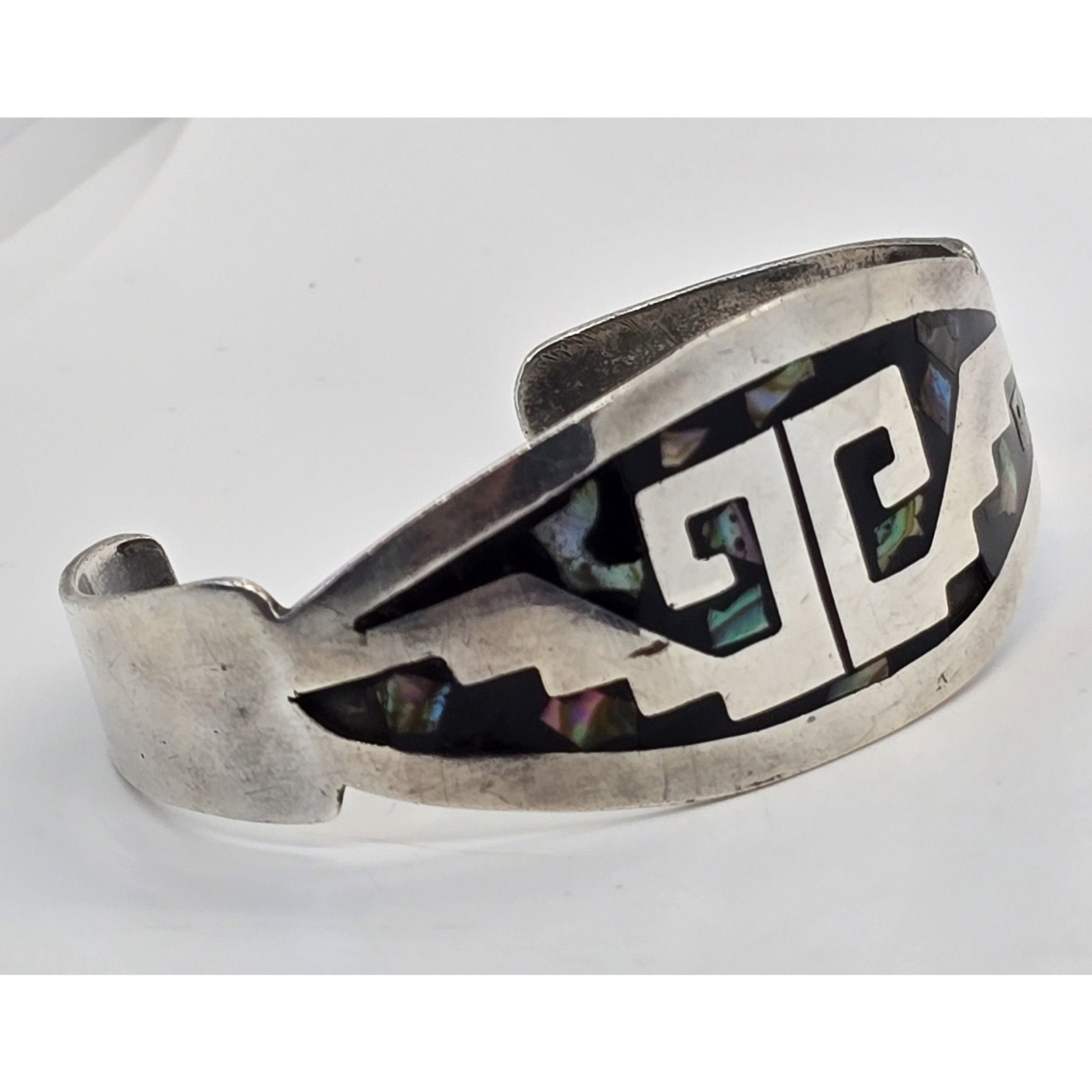 Abalone inlay Native Taxco Mexico TF-39 vintage sterling silver cuff bracelet