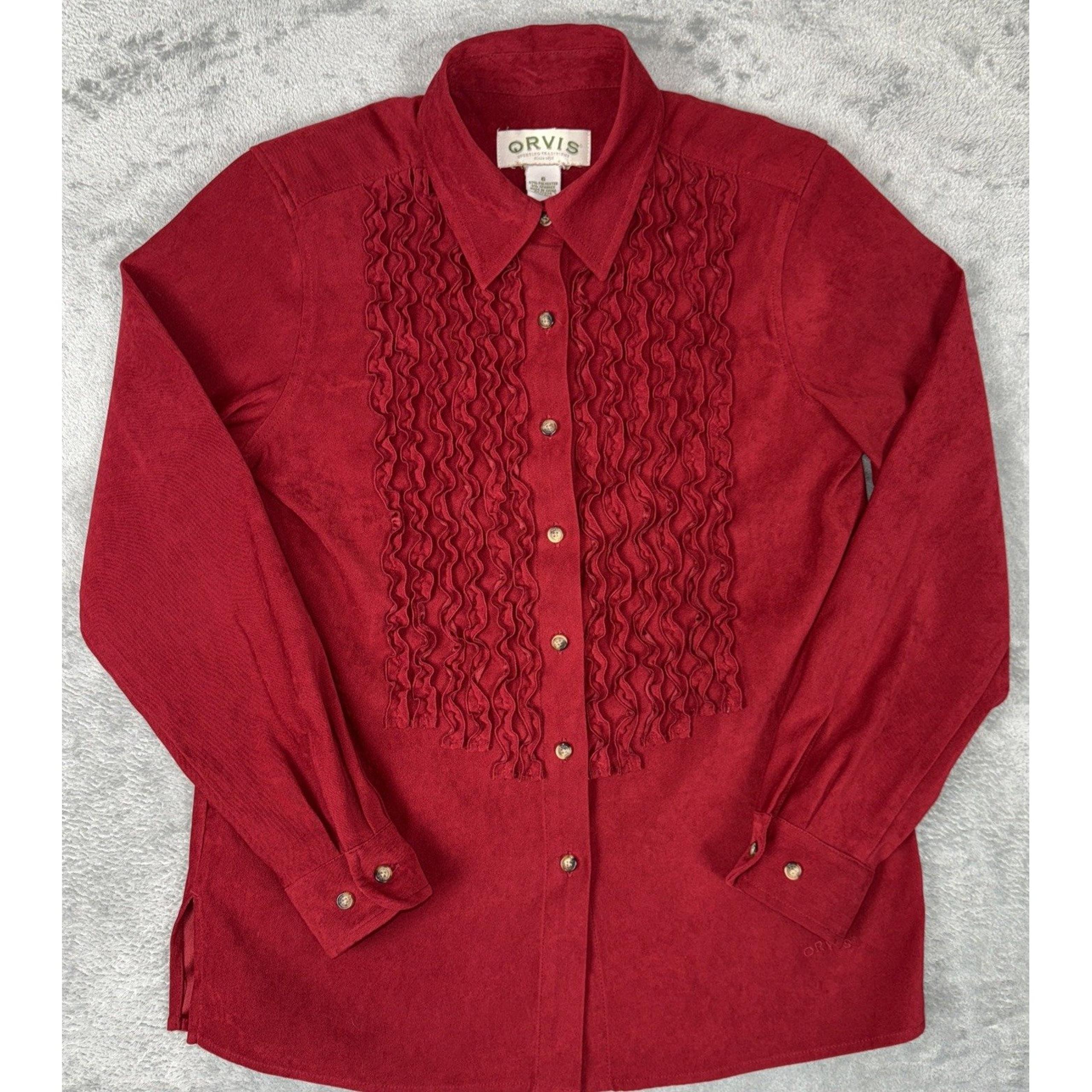 Orvis Tuxedo Ruffle Blouse Sz 6 Sueded Polyester Button Up Rodeo Red