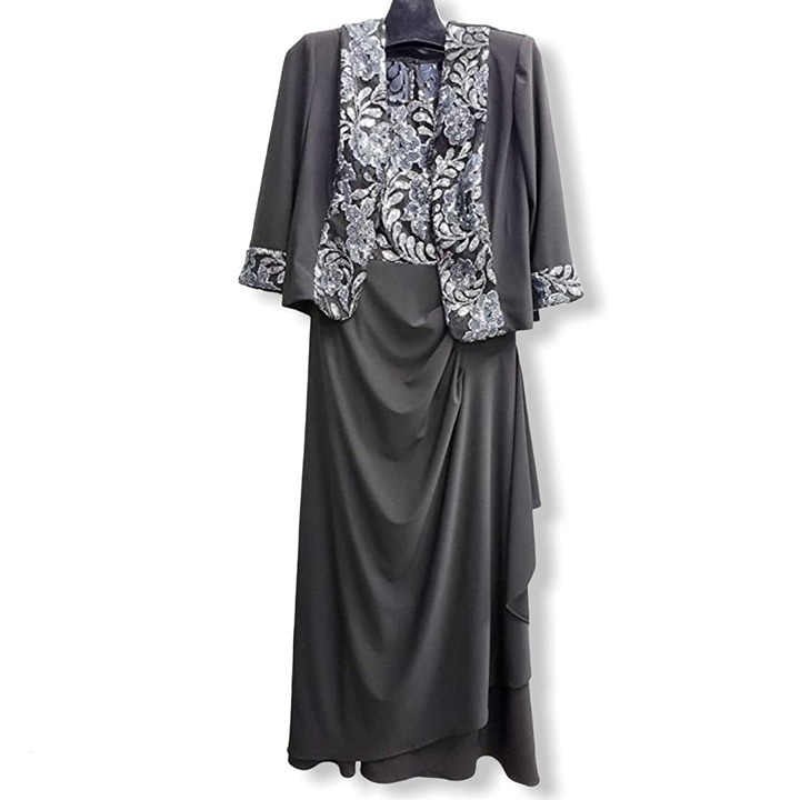Le Bos Women's Metallic Embroidered Drape Layered Dress, Black/Silver, 12