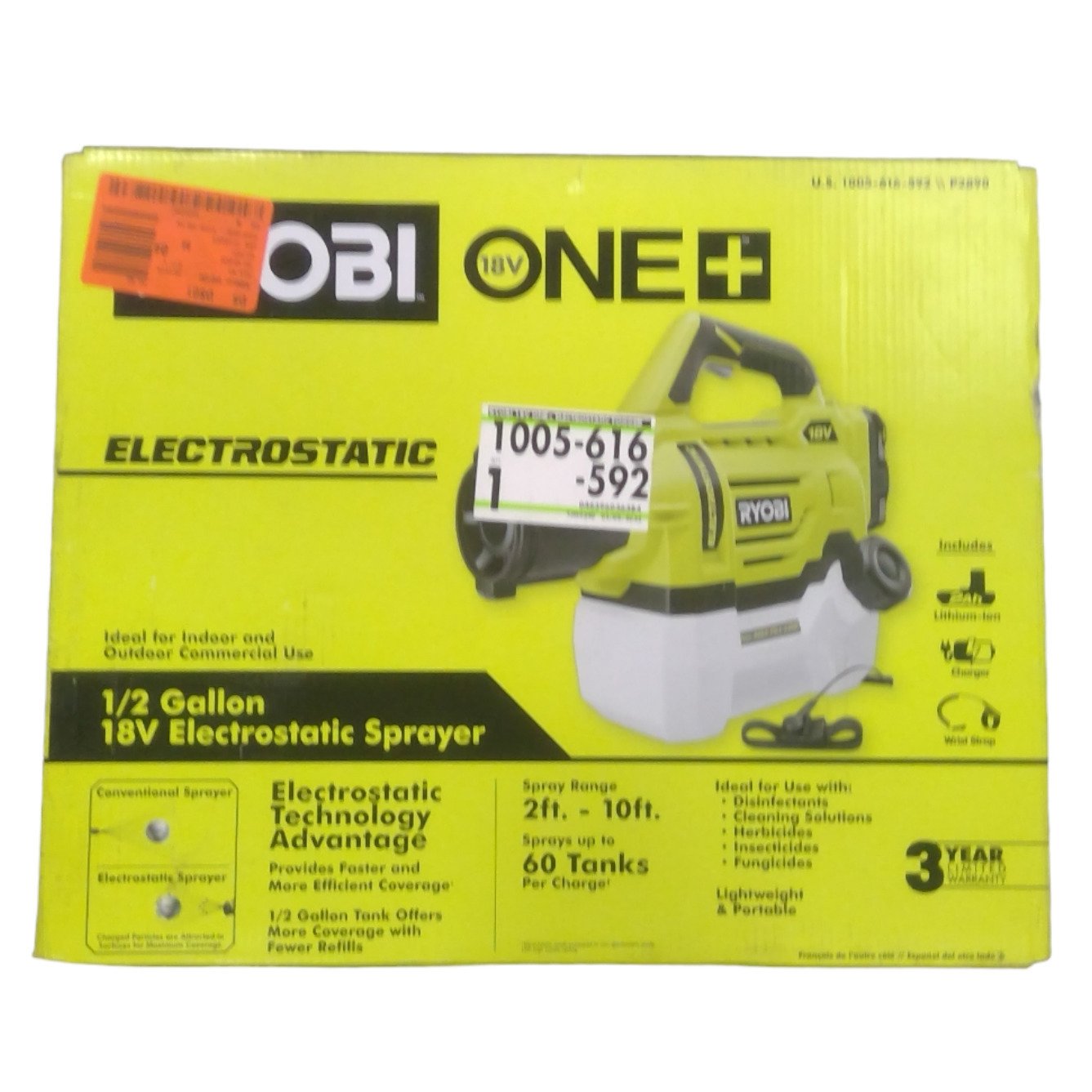 Ryobi P2890 Cordless 1/2 Gallon Electrostatic Sprayer (TOOL ONLY)