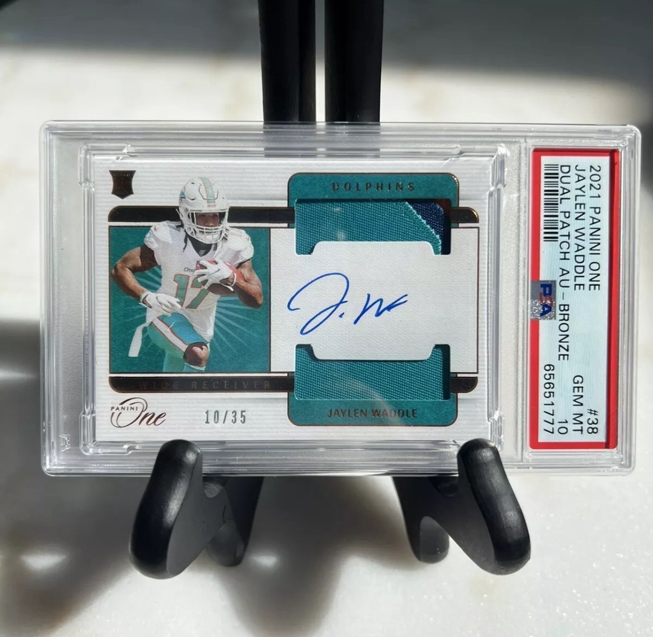 2021 Panini One Jaylen Waddle RC Dual Patch Auto #10/35 GEM MINT 10 Pop 2